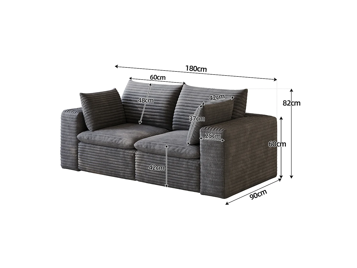 Modulaire 2-zitsbank met afneembaar zitkussen, ribfluweel, donkergrijs