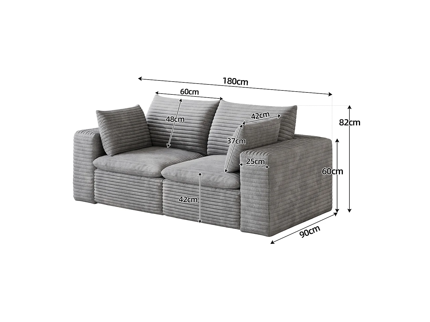 Modulaire 2-zitsbank met afneembaar zitkussen, ribfluweel, grijs