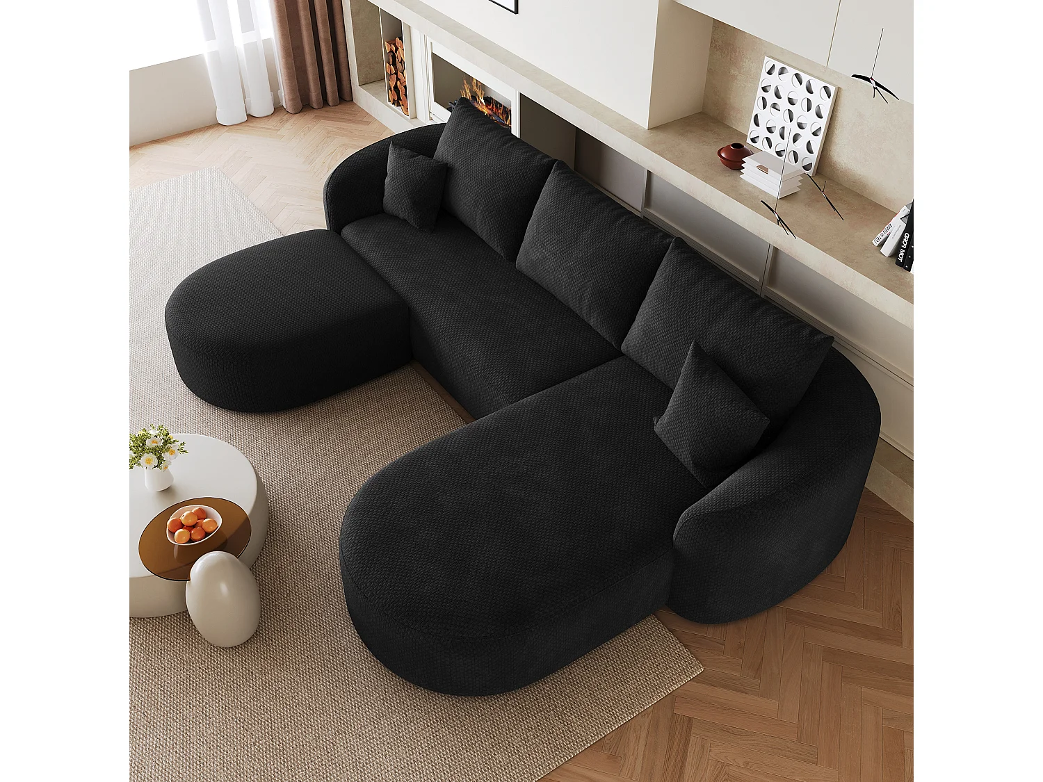 Canapé d'angle en U 3 places avec repose-pieds, angle à droit, sans montage, en tissu, noir, 266x168x85 cm