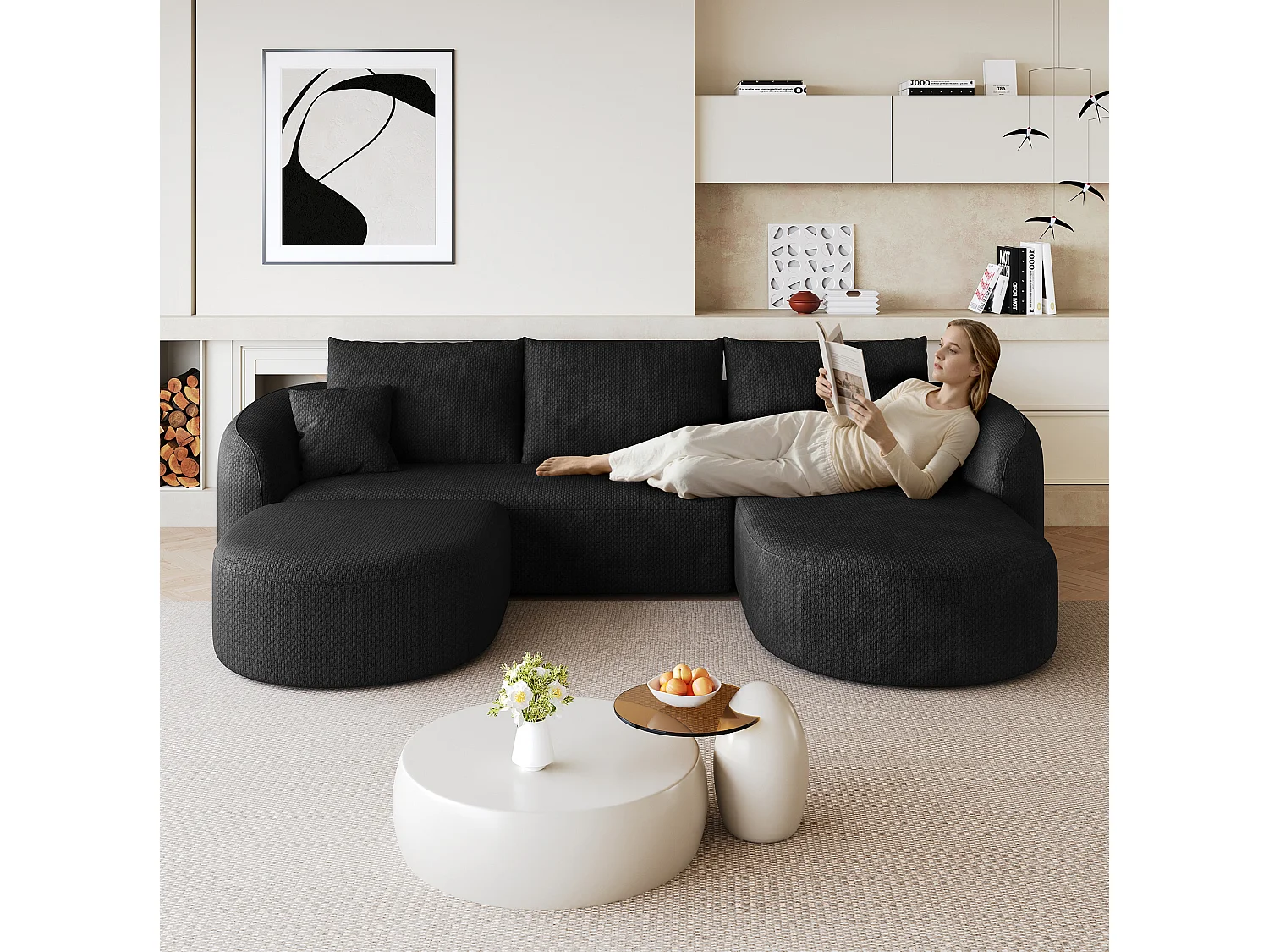 Canapé d'angle en U 3 places avec repose-pieds, angle à droit, sans montage, en tissu, noir, 266x168x85 cm
