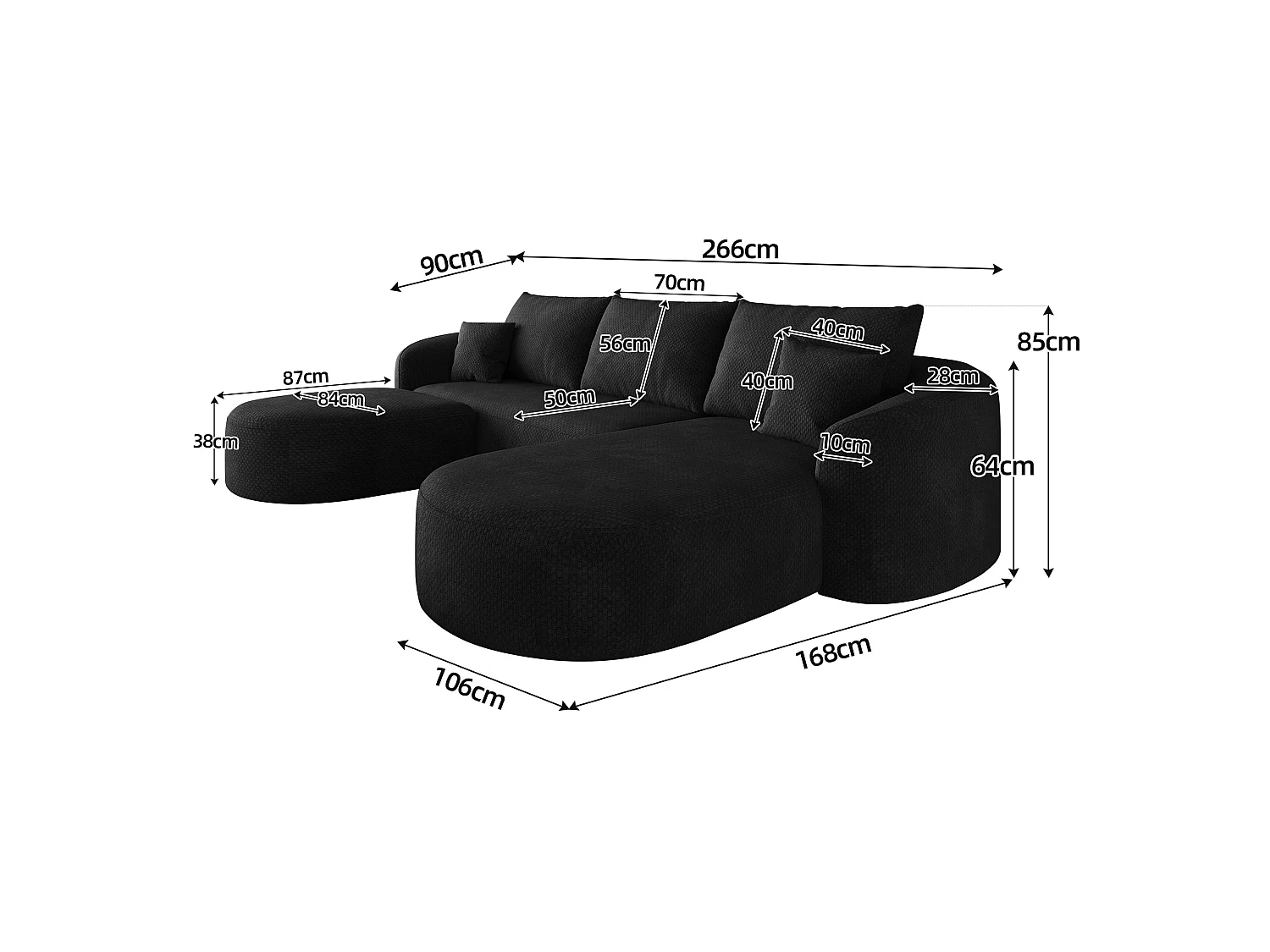 Canapé d'angle en U 3 places avec repose-pieds, angle à droit, sans montage, en tissu, noir, 266x168x85 cm
