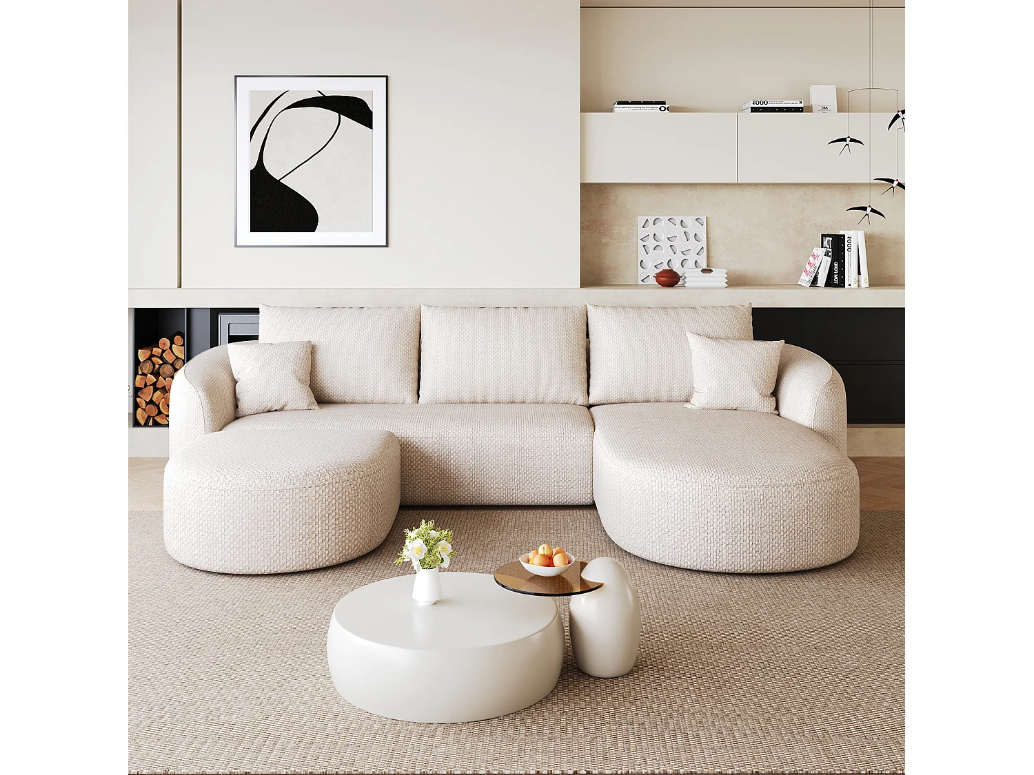 3-zits U-vormige hoekbank met voetenbank, rechterhoek, zonder montage, stoffen bekleding, wit, 266x168x85 cm