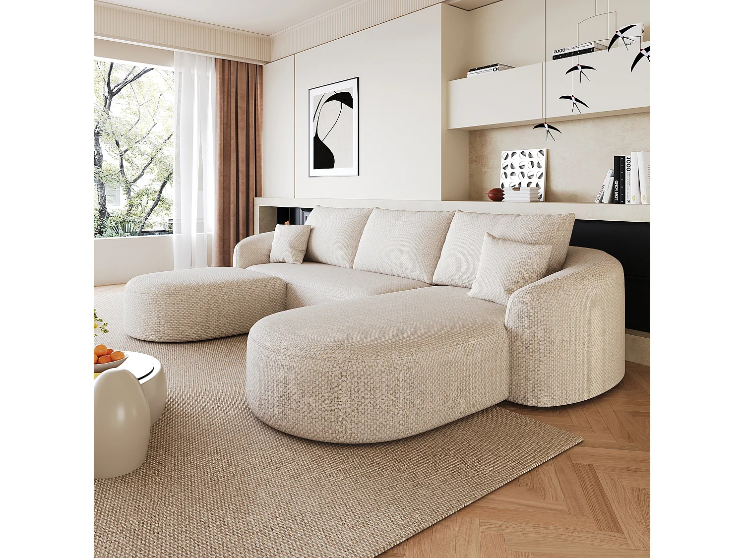 3-zits U-vormige hoekbank met voetenbank, rechterhoek, zonder montage, stoffen bekleding, wit, 266x168x85 cm