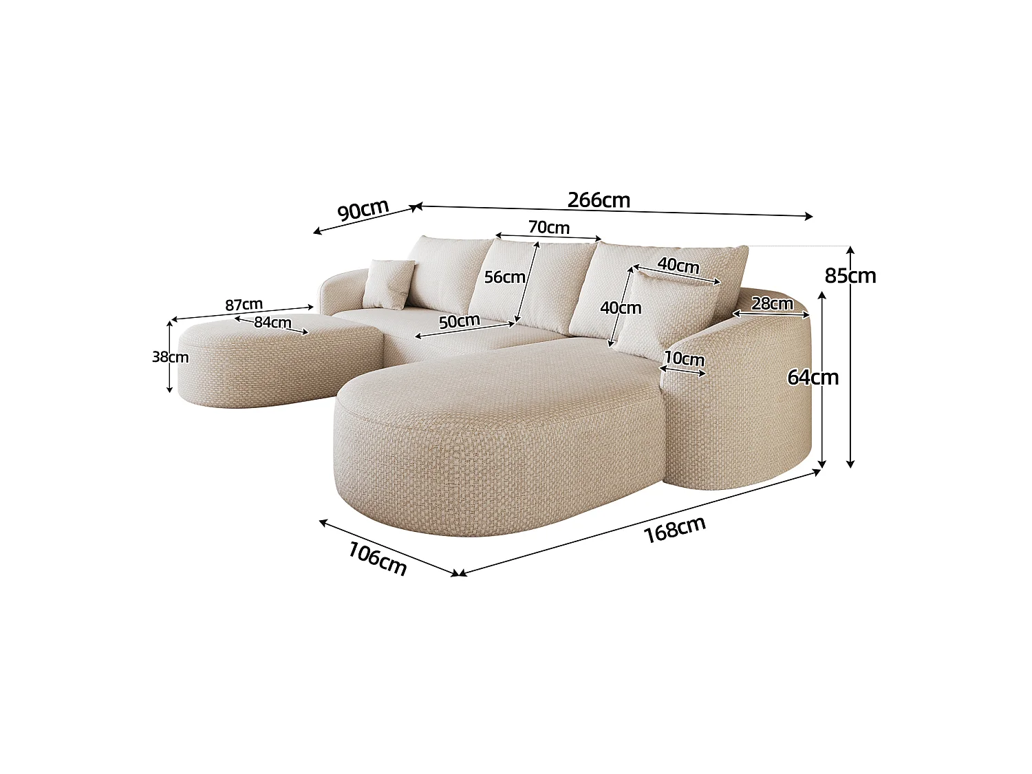 3-zits U-vormige hoekbank met voetenbank, rechterhoek, zonder montage, stoffen bekleding, wit, 266x168x85 cm