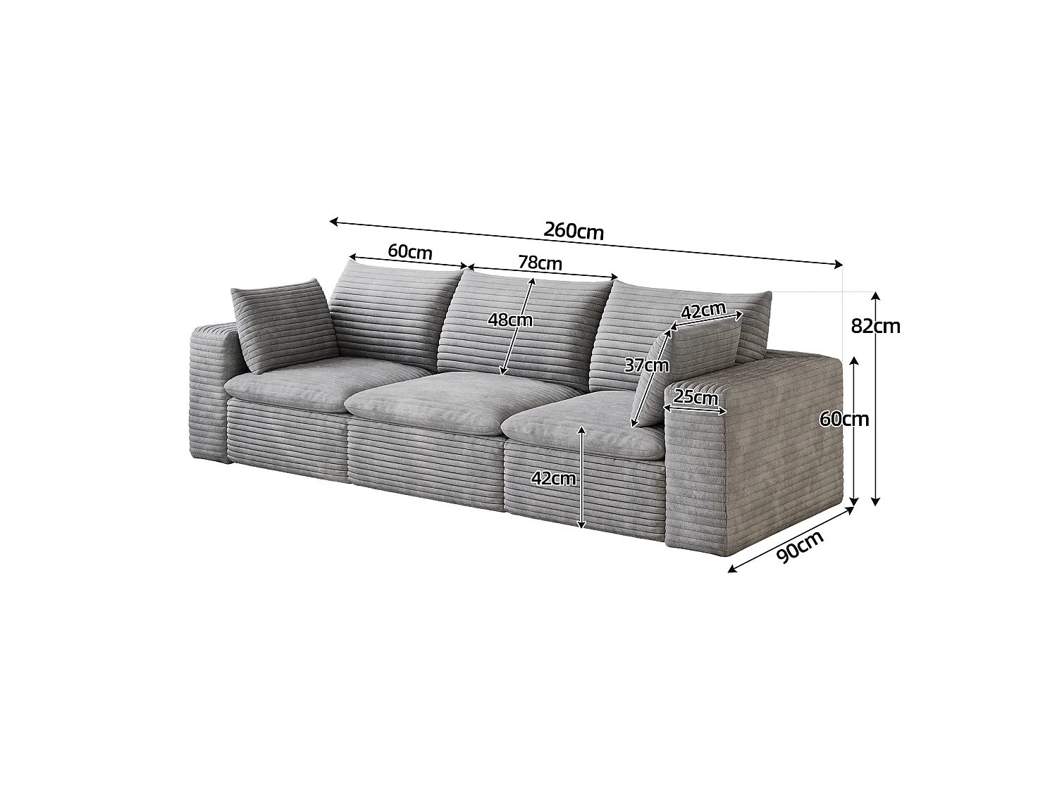 Modulaire 3-zitsbank met afneembaar zitkussen, ribfluweel, grijs