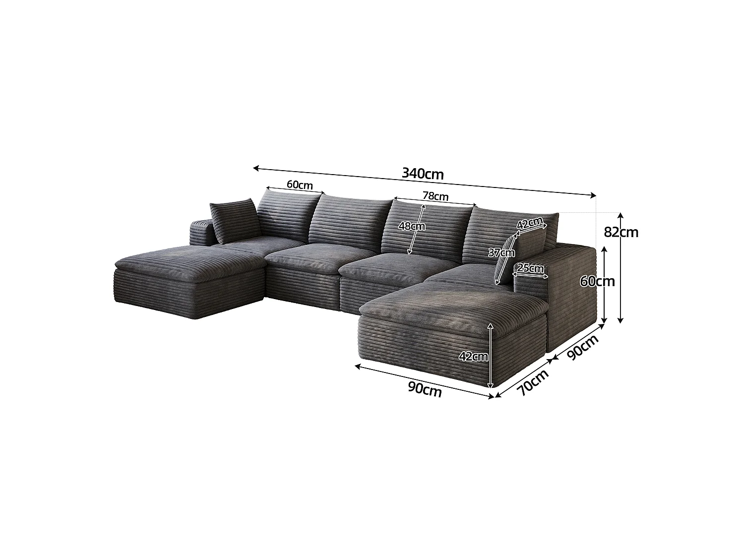 Modulaire 4-zits hoekbank met 2 voetenbanken en afneembaar zitkussen, ribfluweel, donkergrijs