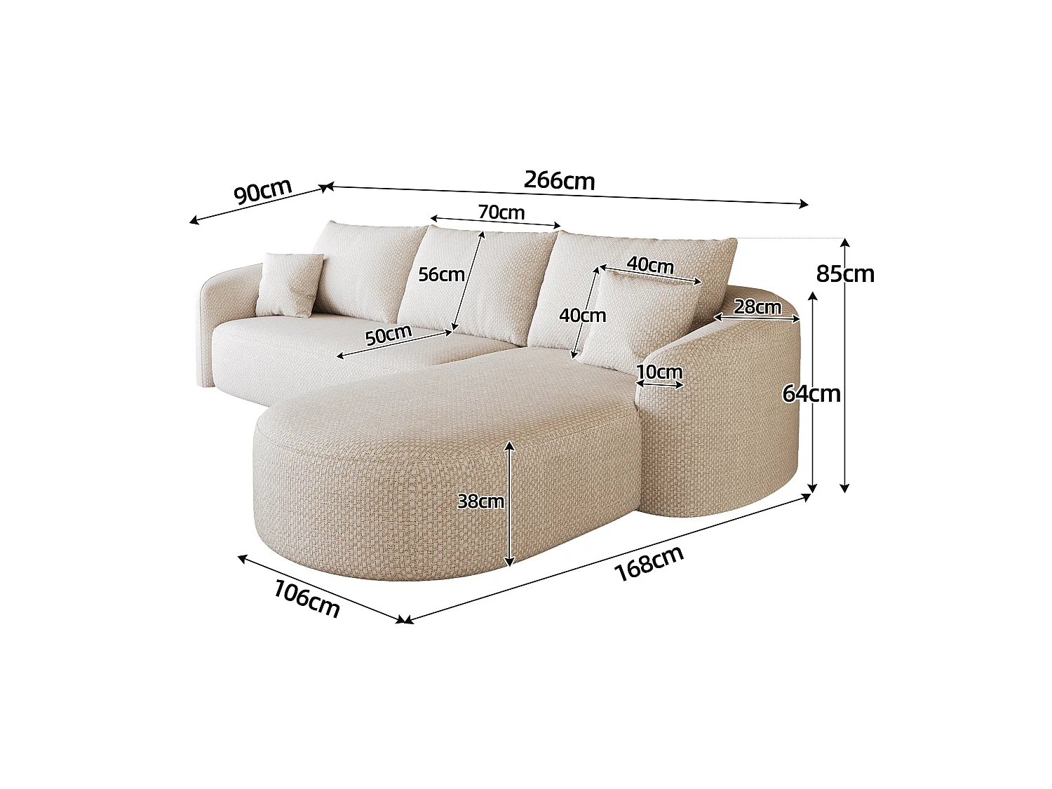 3-zits L-vormige hoekbank, rechterhoek, stoffen bekleding, wit, 266x168x85 cm
