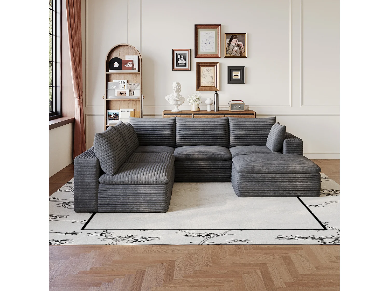 Canapé d'angle modulable 6 places avec coussin d'assise amovible, en velours côtelé, gris foncé