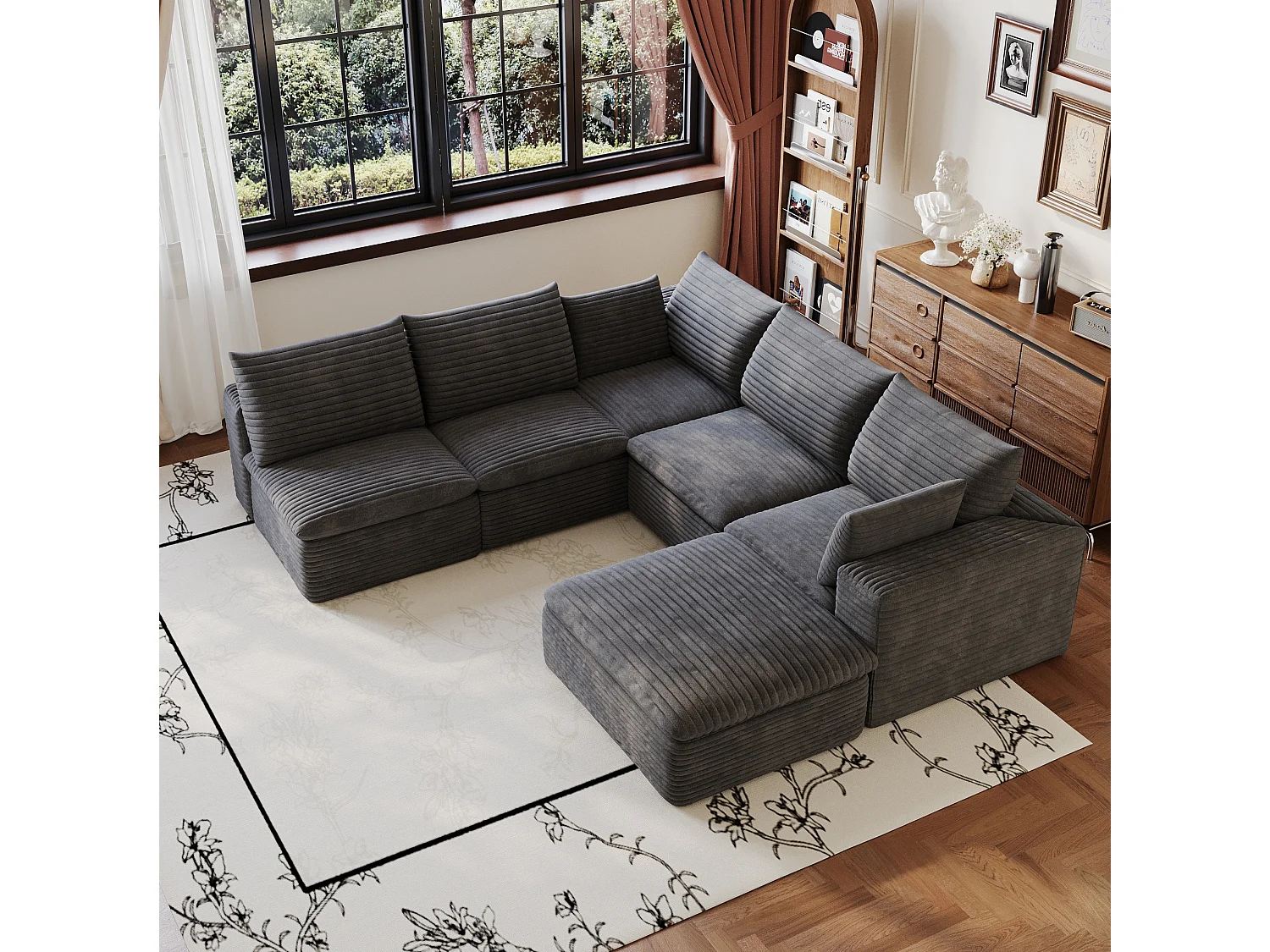 Canapé d'angle modulable 6 places avec coussin d'assise amovible, en velours côtelé, gris foncé