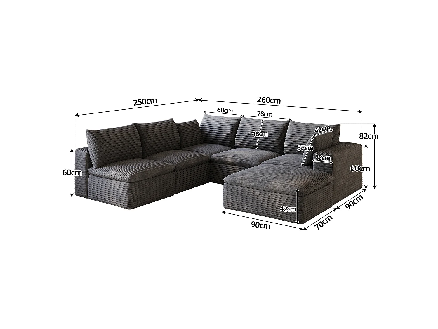 Canapé d'angle modulable 6 places avec coussin d'assise amovible, en velours côtelé, gris foncé