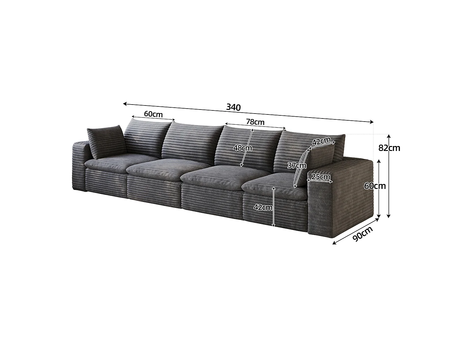 Modulaire 4-zitsbank met afneembaar zitkussen, ribfluweel, donkergrijs