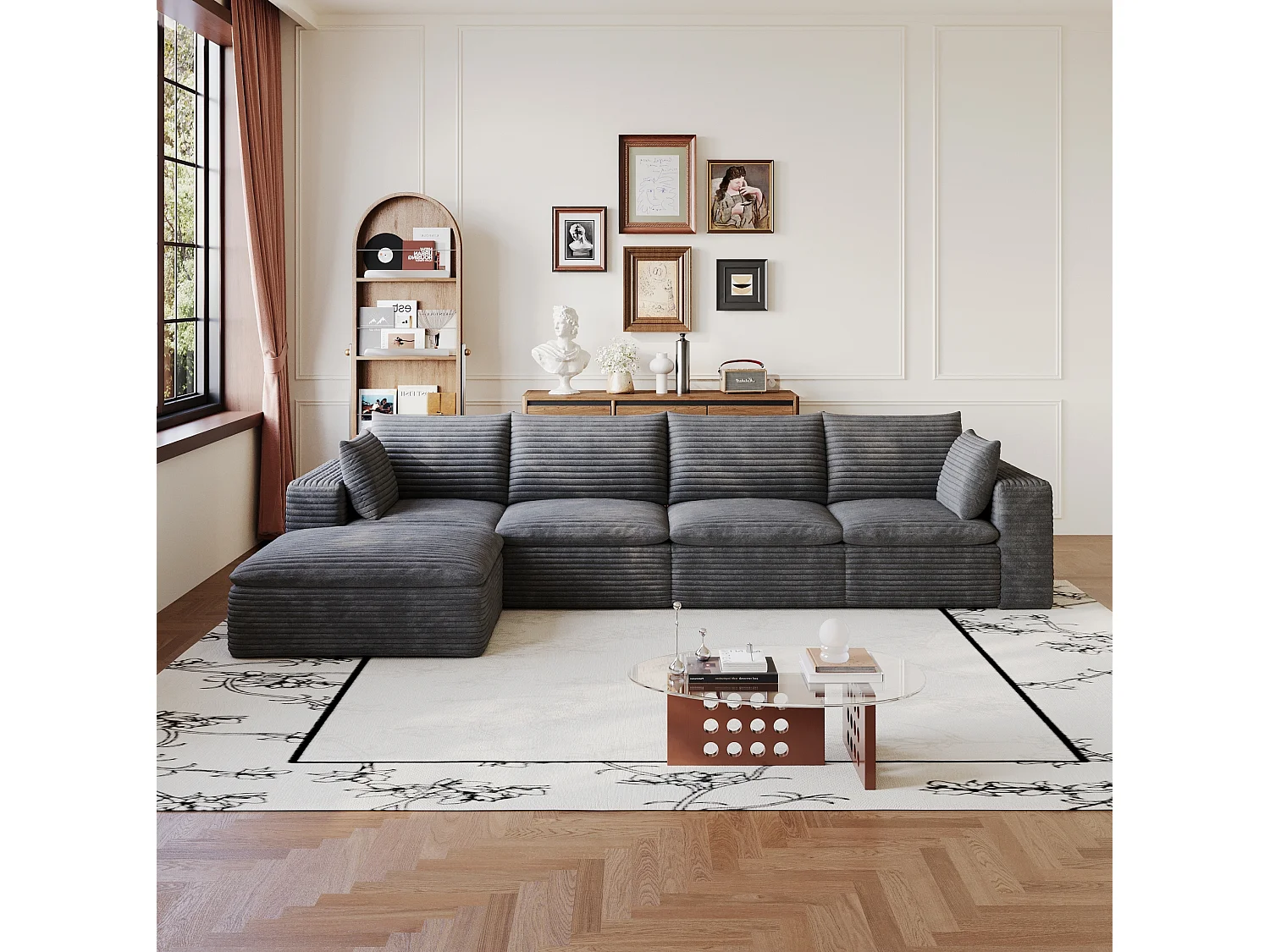 Canapé d'angle modulable 4 places avec repose-pieds et coussin d'assise amovible, en velours côtelé, gris foncé