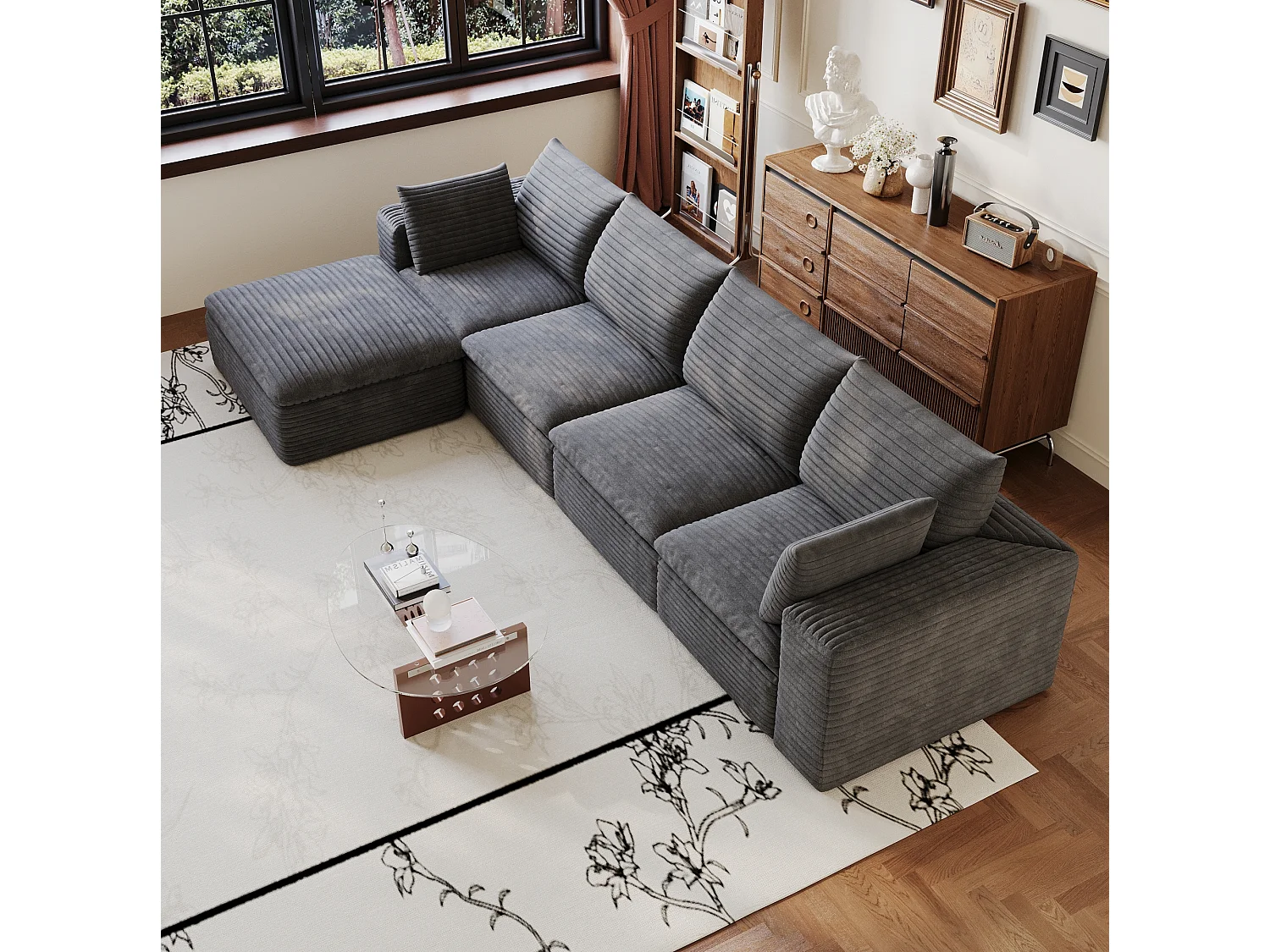 Canapé d'angle modulable 4 places avec repose-pieds et coussin d'assise amovible, en velours côtelé, gris foncé