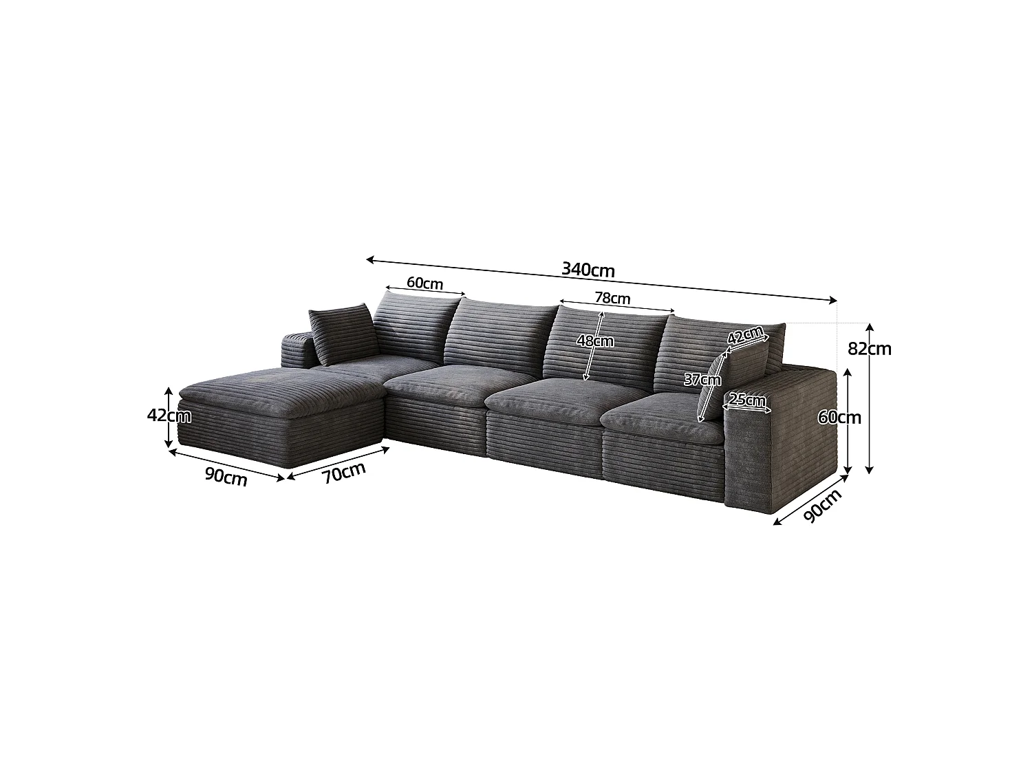 Canapé d'angle modulable 4 places avec repose-pieds et coussin d'assise amovible, en velours côtelé, gris foncé