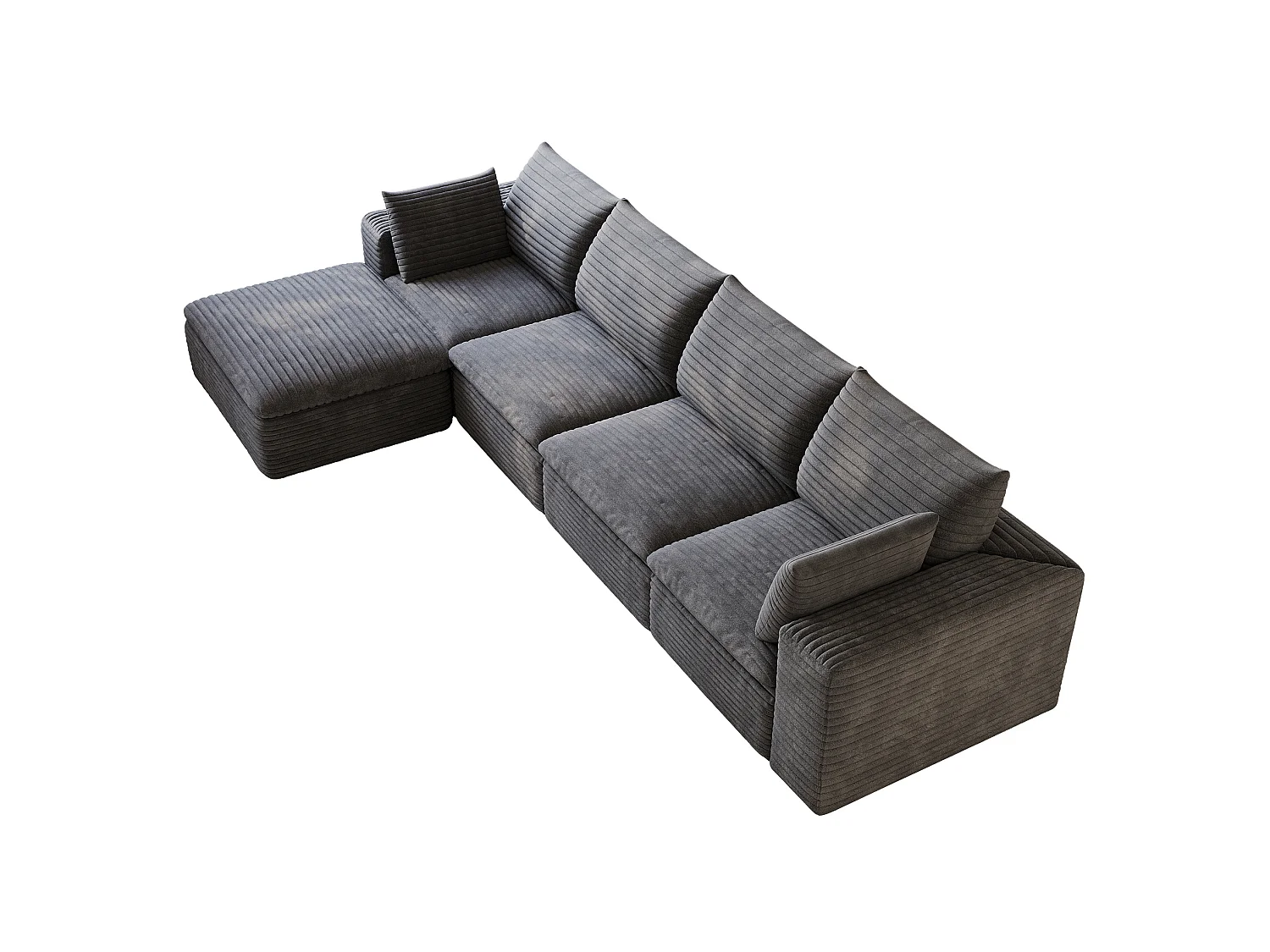 Canapé d'angle modulable 4 places avec repose-pieds et coussin d'assise amovible, en velours côtelé, gris foncé