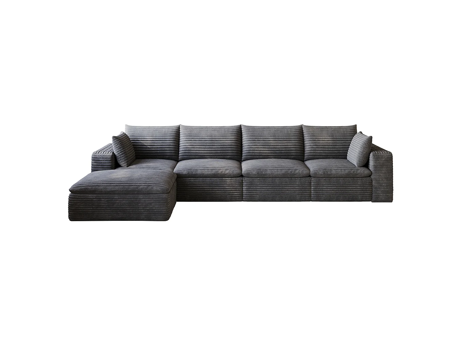 Canapé d'angle modulable 4 places avec repose-pieds et coussin d'assise amovible, en velours côtelé, gris foncé