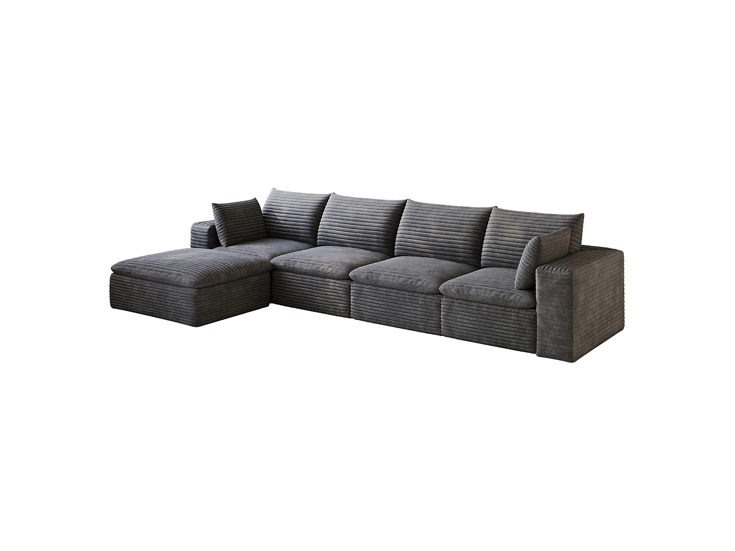 Canapé d'angle modulable 4 places avec repose-pieds et coussin d'assise amovible, en velours côtelé, gris foncé