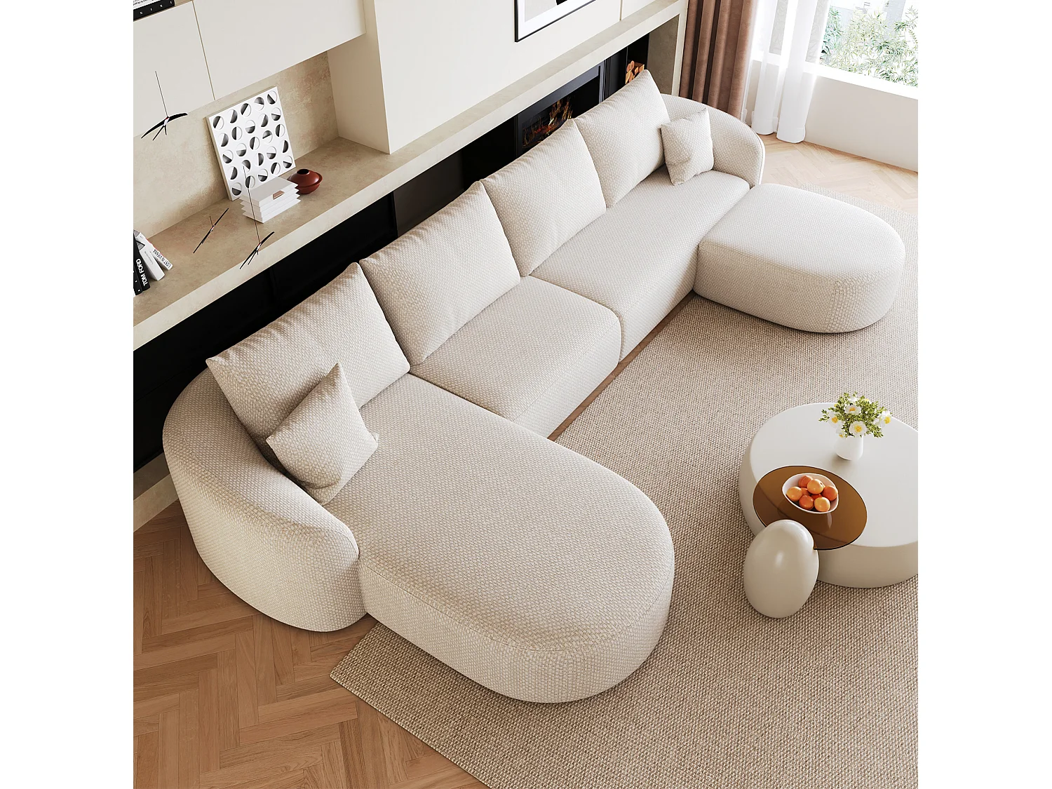 Canapé d'angle en U 4 places avec repose-pieds, angle à gauche, sans montage, en tissu, blanc, 336x168x85 cm