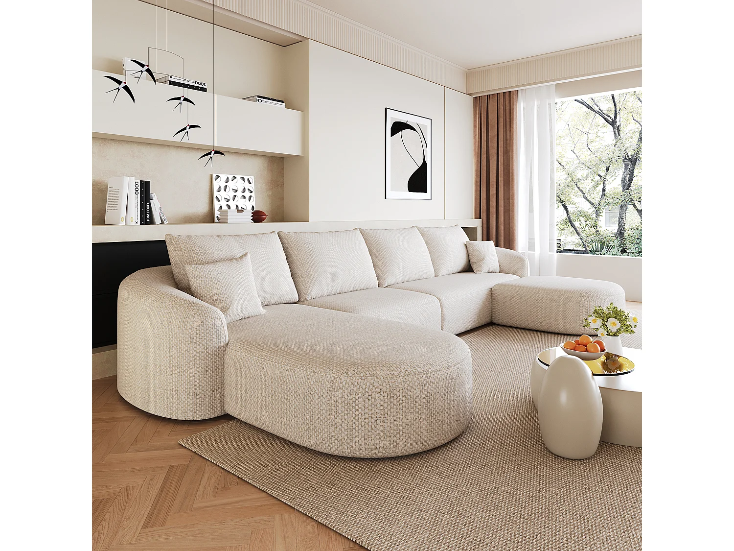 Canapé d'angle en U 4 places avec repose-pieds, angle à gauche, sans montage, en tissu, blanc, 336x168x85 cm