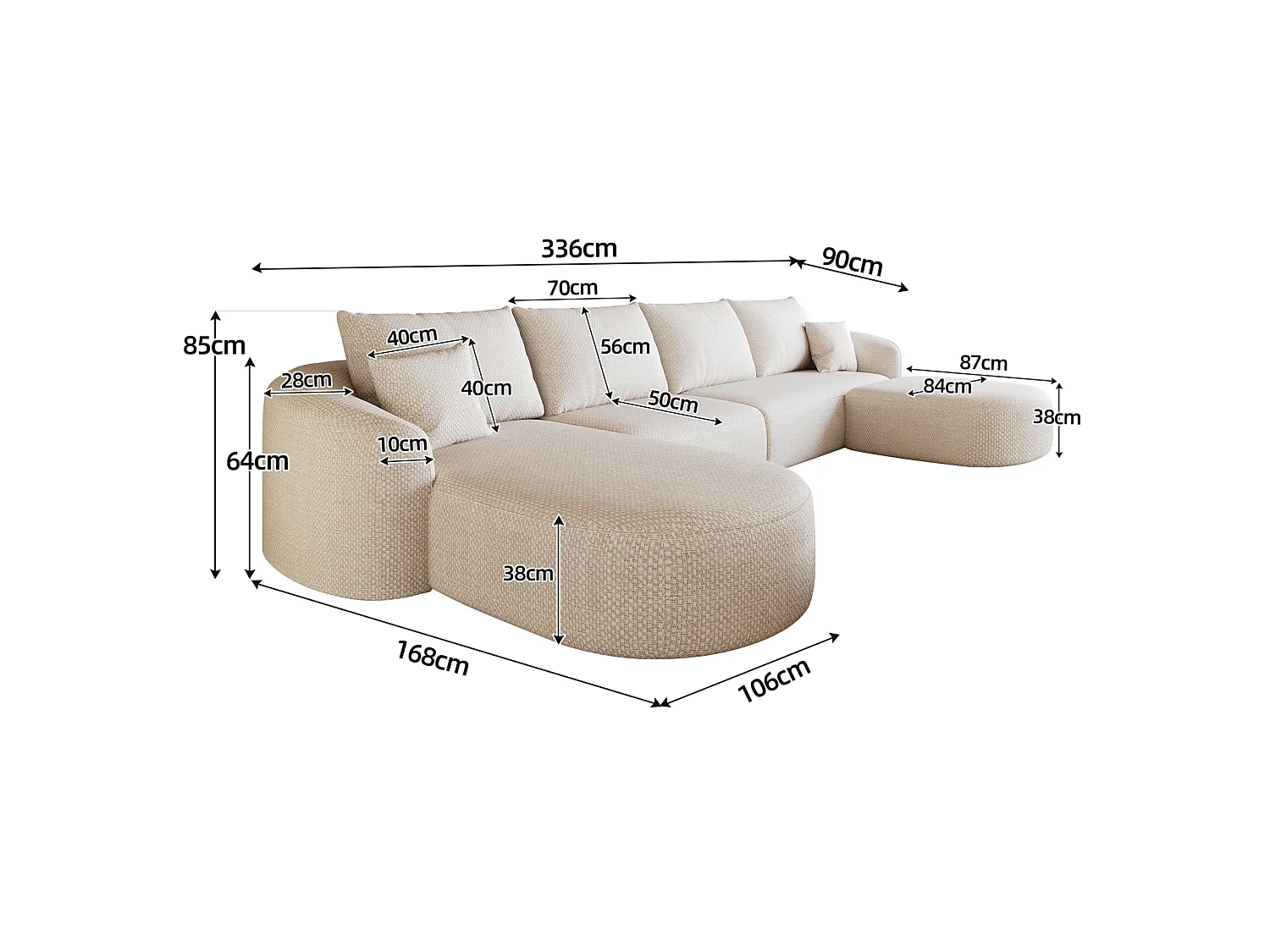 Canapé d'angle en U 4 places avec repose-pieds, angle à gauche, sans montage, en tissu, blanc, 336x168x85 cm