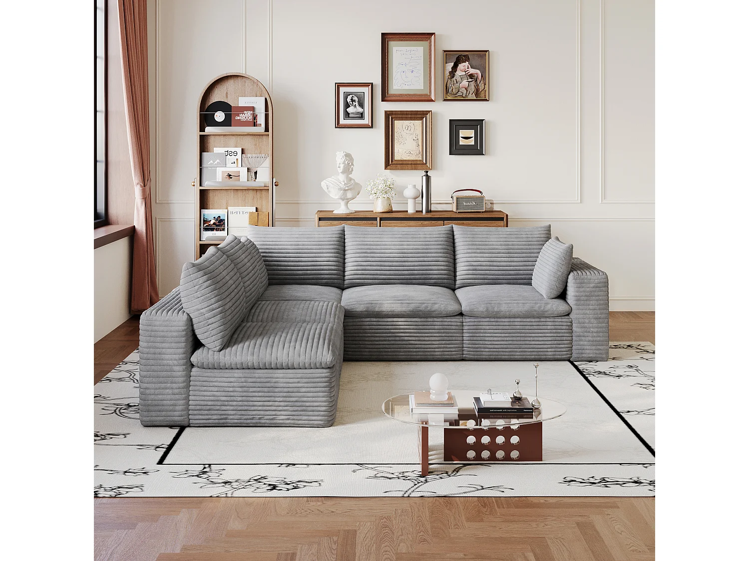 Canapé d'angle modulable 5 places avec coussin d'assise amovible, en velours côtelé, gris
