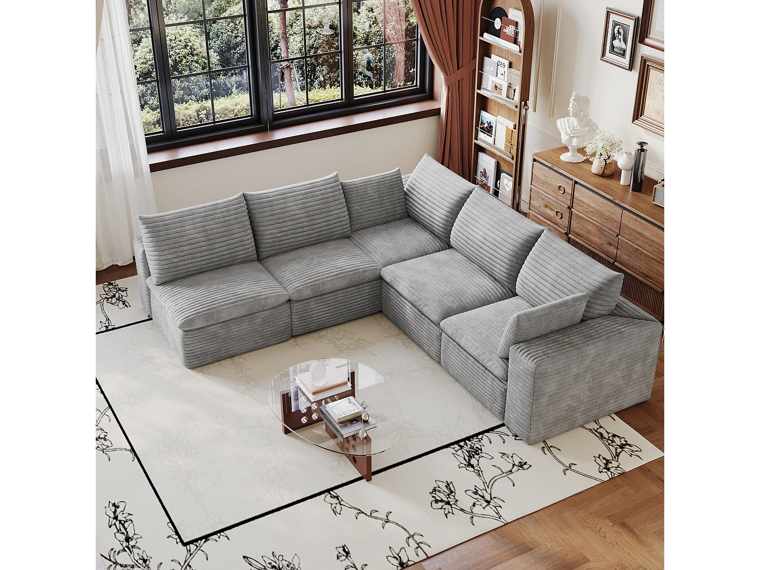 Canapé d'angle modulable 5 places avec coussin d'assise amovible, en velours côtelé, gris