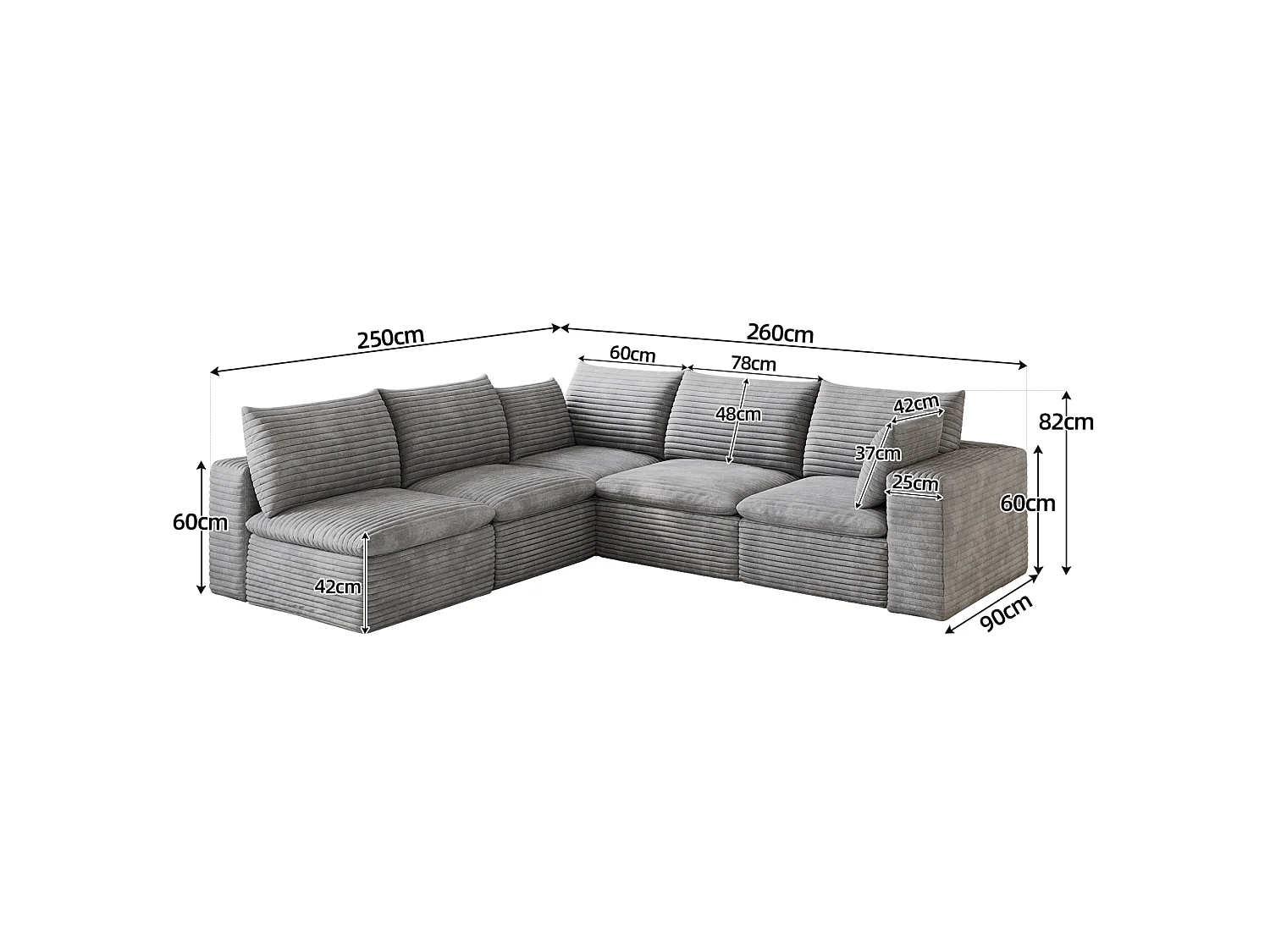 Canapé d'angle modulable 5 places avec coussin d'assise amovible, en velours côtelé, gris