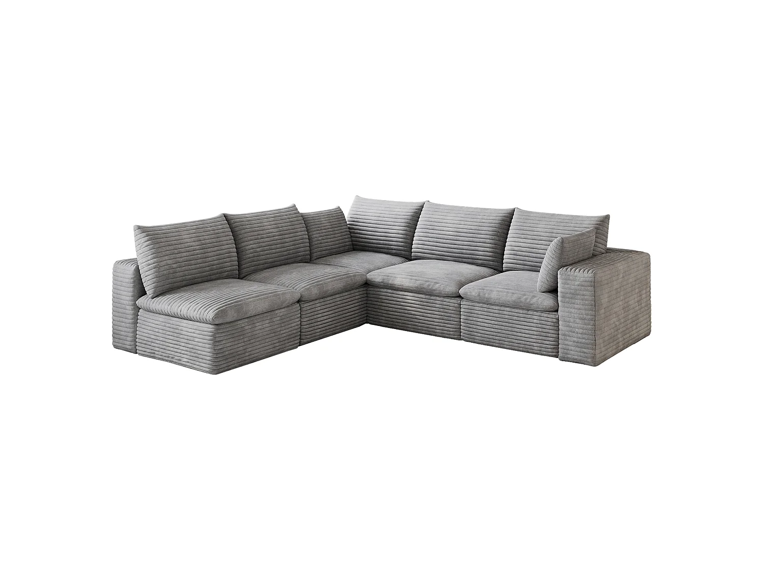 Canapé d'angle modulable 5 places avec coussin d'assise amovible, en velours côtelé, gris