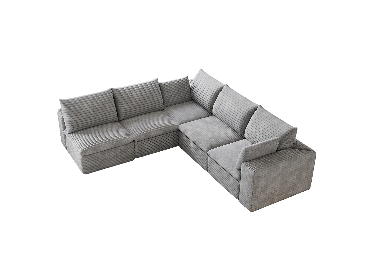Canapé d'angle modulable 5 places avec coussin d'assise amovible, en velours côtelé, gris