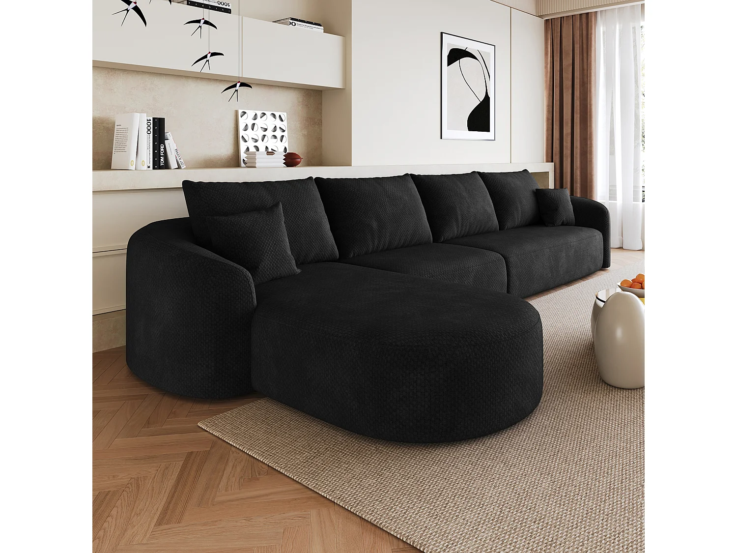 Modulaire 4-zits hoekbank, linkerhoek, stoffen bekleding, zwart, 336x168x85 cm