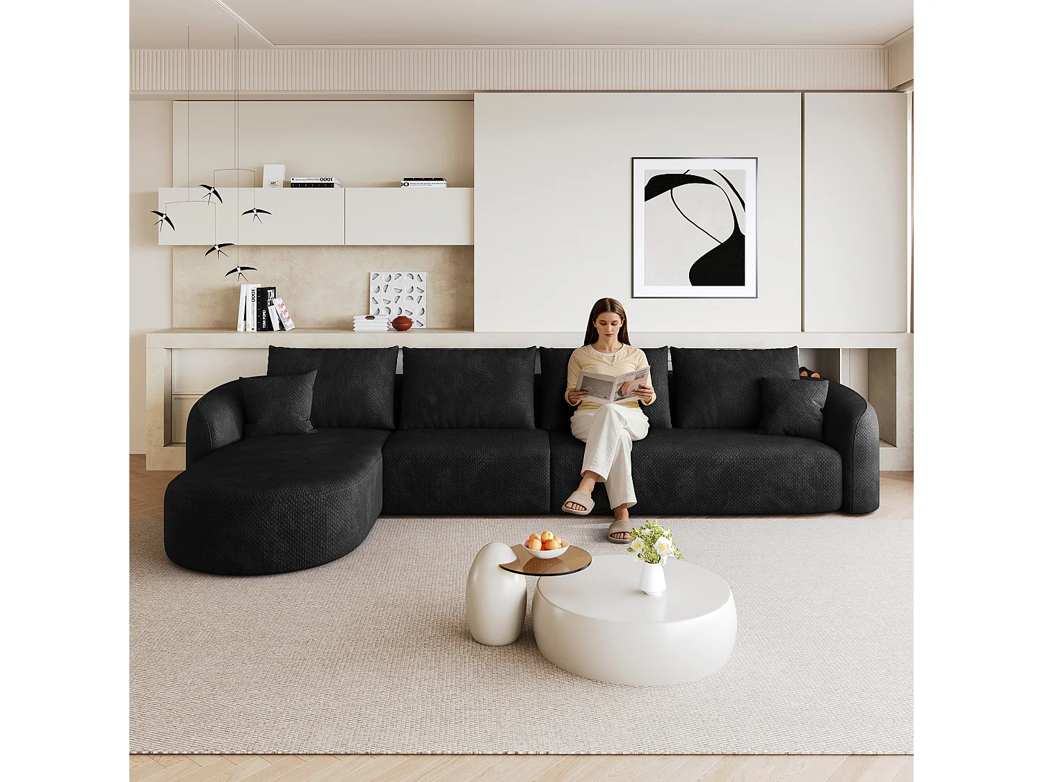 Modulaire 4-zits hoekbank, linkerhoek, stoffen bekleding, zwart, 336x168x85 cm