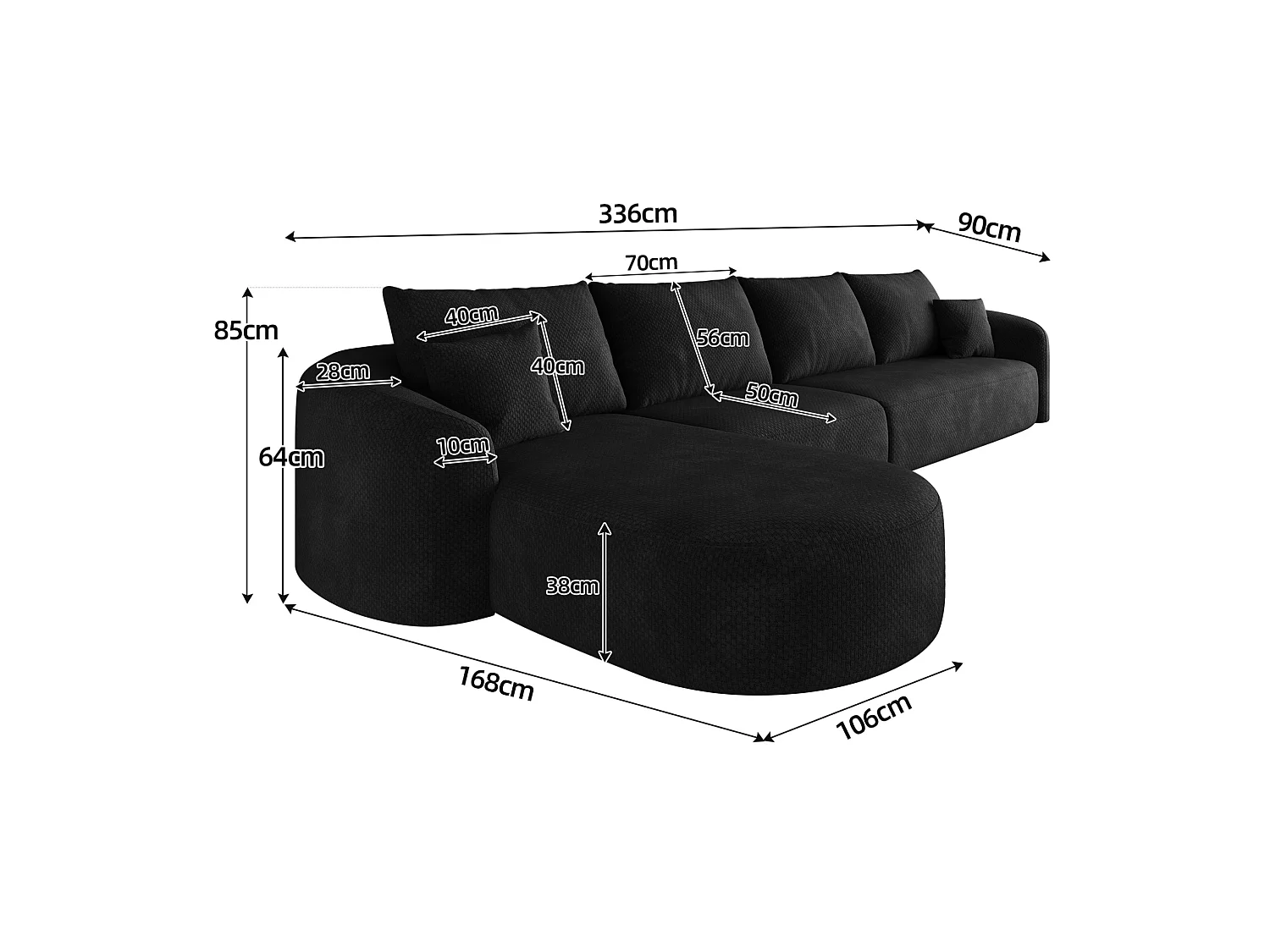 Modulaire 4-zits hoekbank, linkerhoek, stoffen bekleding, zwart, 336x168x85 cm