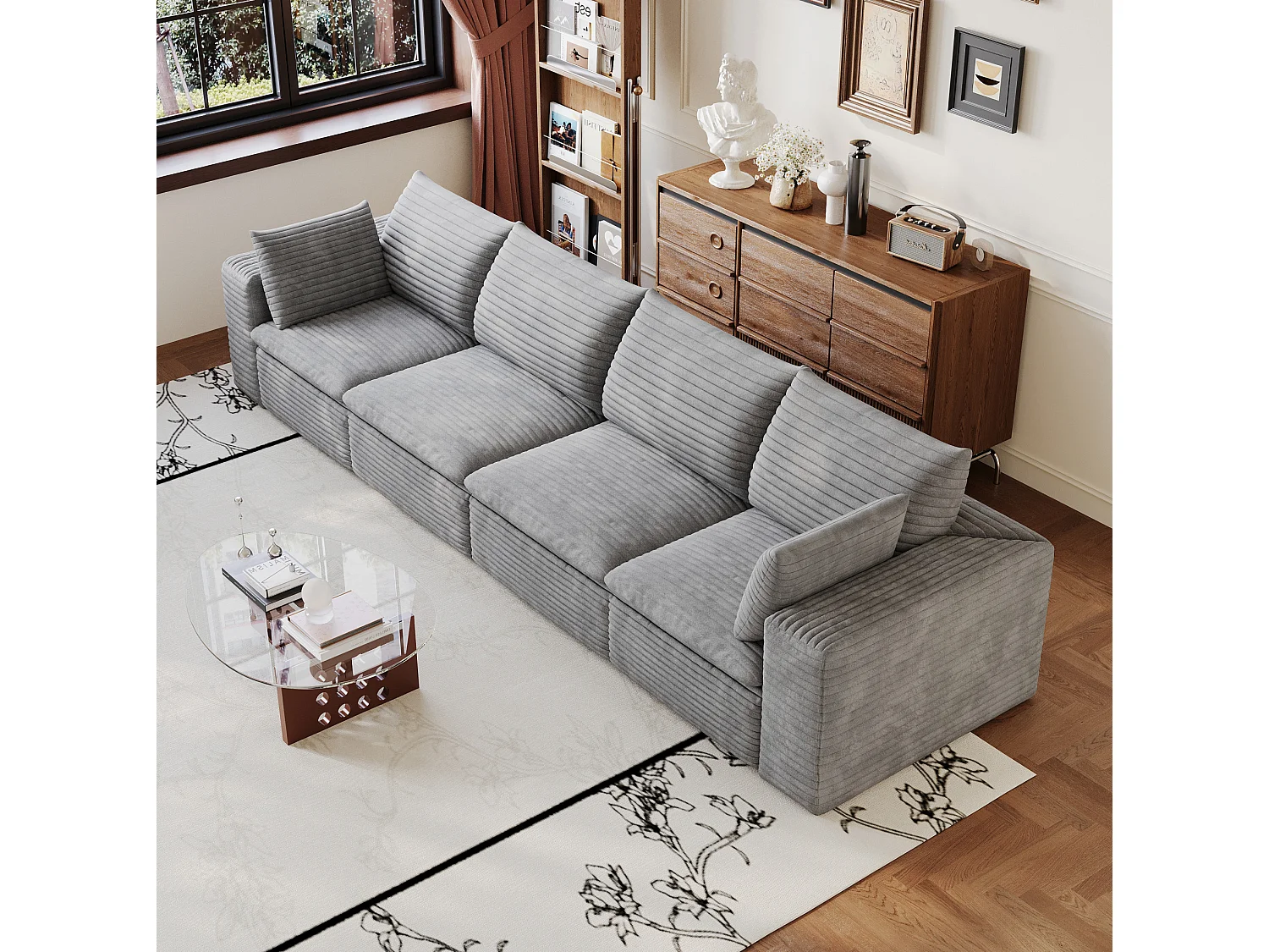 Canapé droit modulable 4 places avec coussin d'assise amovible, en velours côtelé, gris