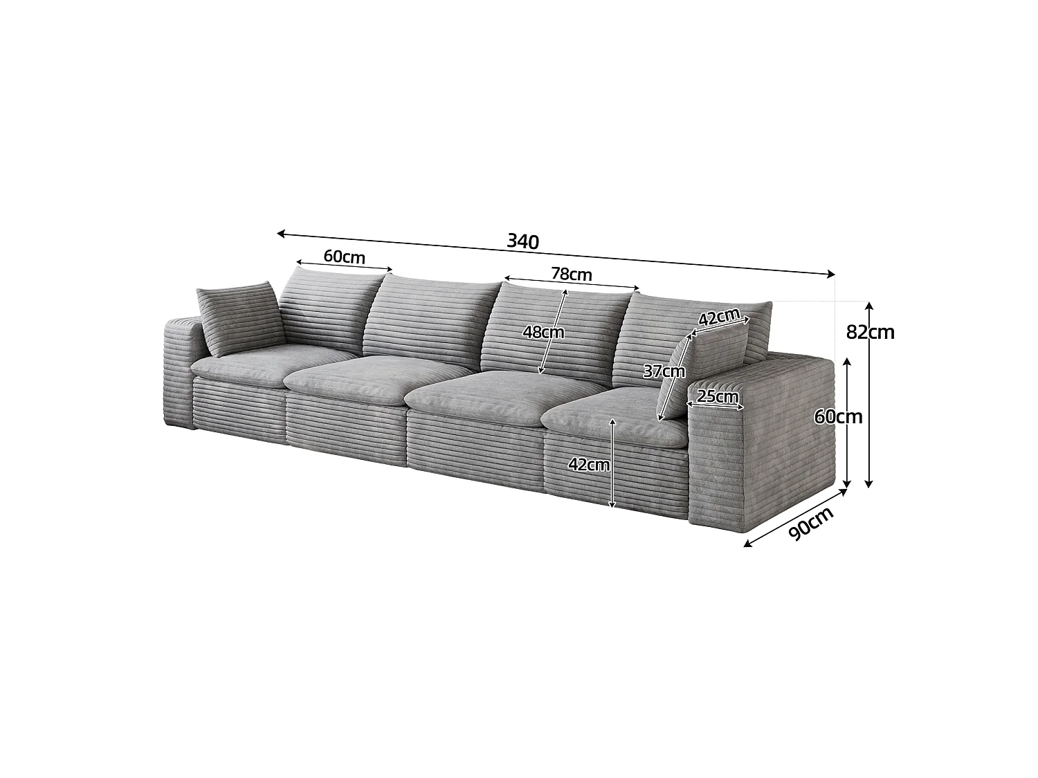 Canapé droit modulable 4 places avec coussin d'assise amovible, en velours côtelé, gris