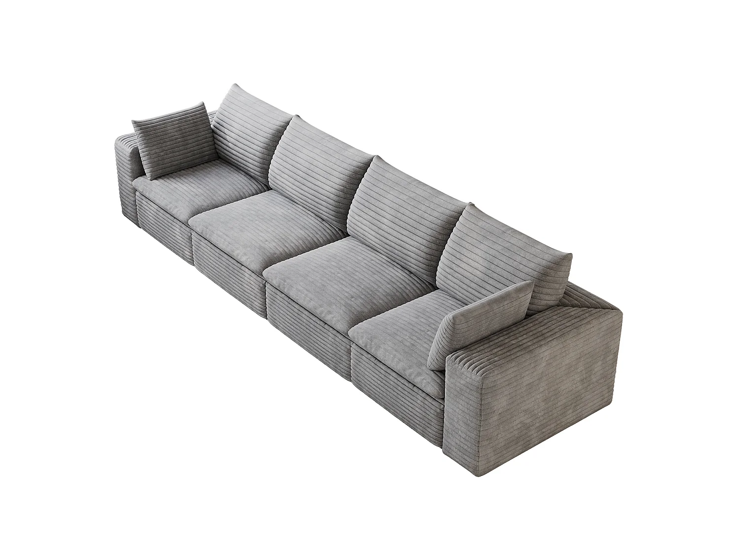 Canapé droit modulable 4 places avec coussin d'assise amovible, en velours côtelé, gris