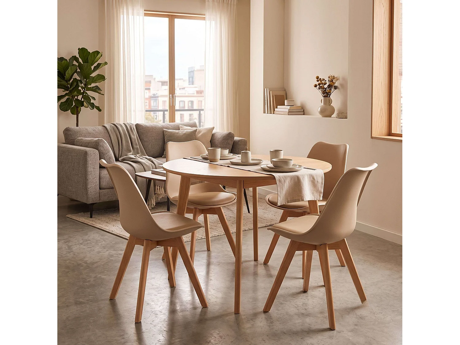 Pack 4 sillas Bistro comedor beige patas madera haya