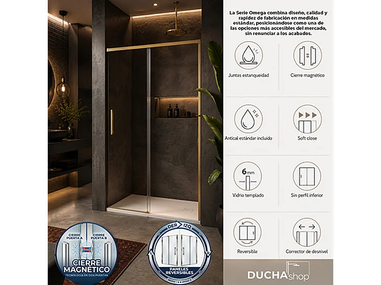 Mampara de ducha Fijo y Puerta Corredera 140x195 cm Oro Cristal templado Antical Serigrafiado 6mm