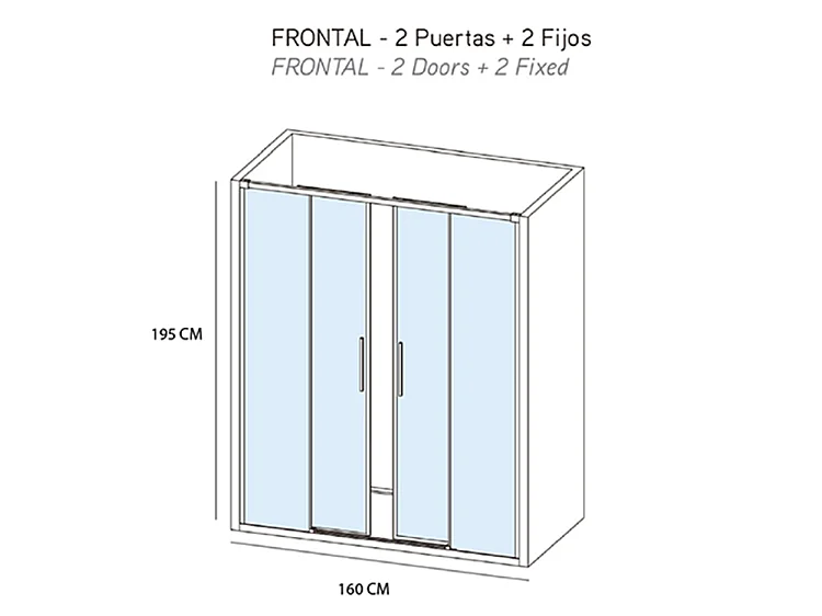 Mampara de ducha frontal  2 Fijos y 2 Puertas Corredera 160x195 cm Negro Cristal templado Antical transparente 6mm