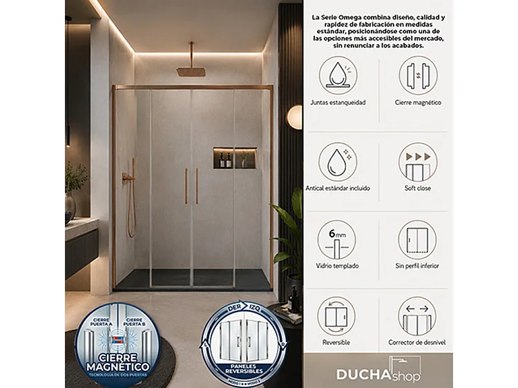 Mampara de ducha frontal  2 Fijos y 2 Puertas Corredera 140x195 cm Oro Rosa Cristal templado Antical transparente 6mm