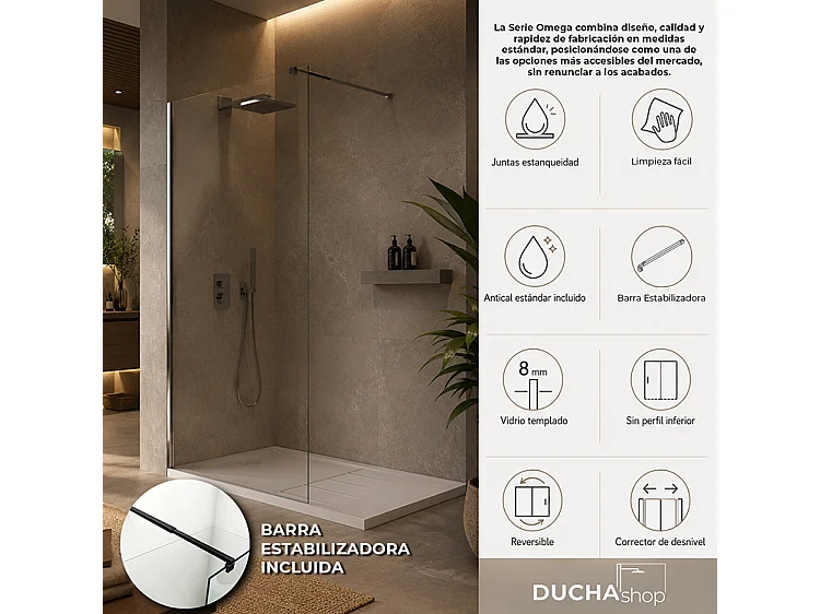 Mampara de ducha fija Walk In 110x195 Dorado Cristal templado antical transparente 8mm