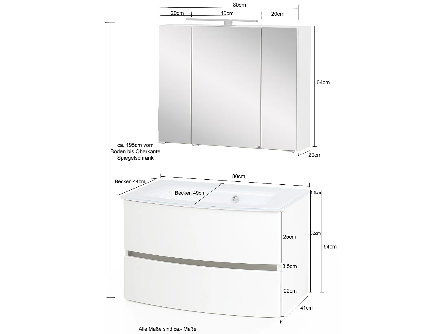 Held Möbel Ensemble de meuble-lavabo Kopenhagen verre blanc L/H/P 80 x 200 x 49 cm