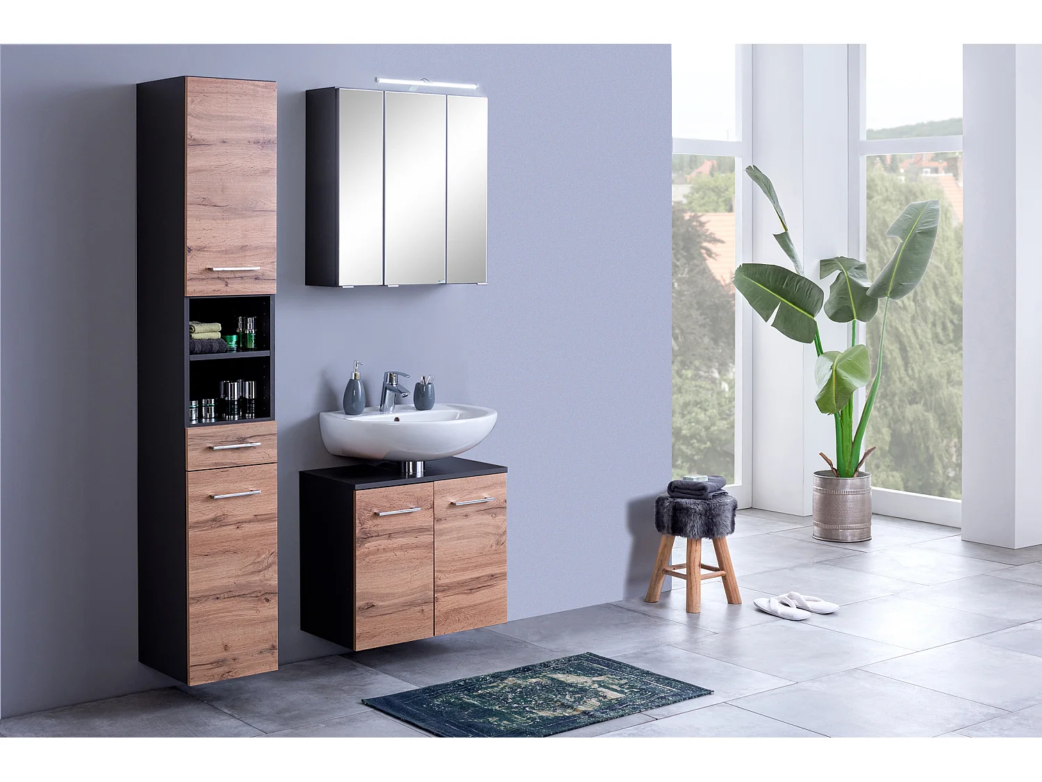 Held Möbel Ensemble de meuble-lavabo 3 pièces Paris chêne Wotan / gris graphite L/H/P 90 x 200 x 35 cm