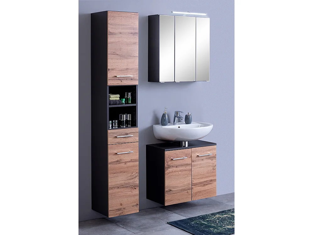 Held Möbel Ensemble de meuble-lavabo 3 pièces Paris chêne Wotan / gris graphite L/H/P 90 x 200 x 35 cm