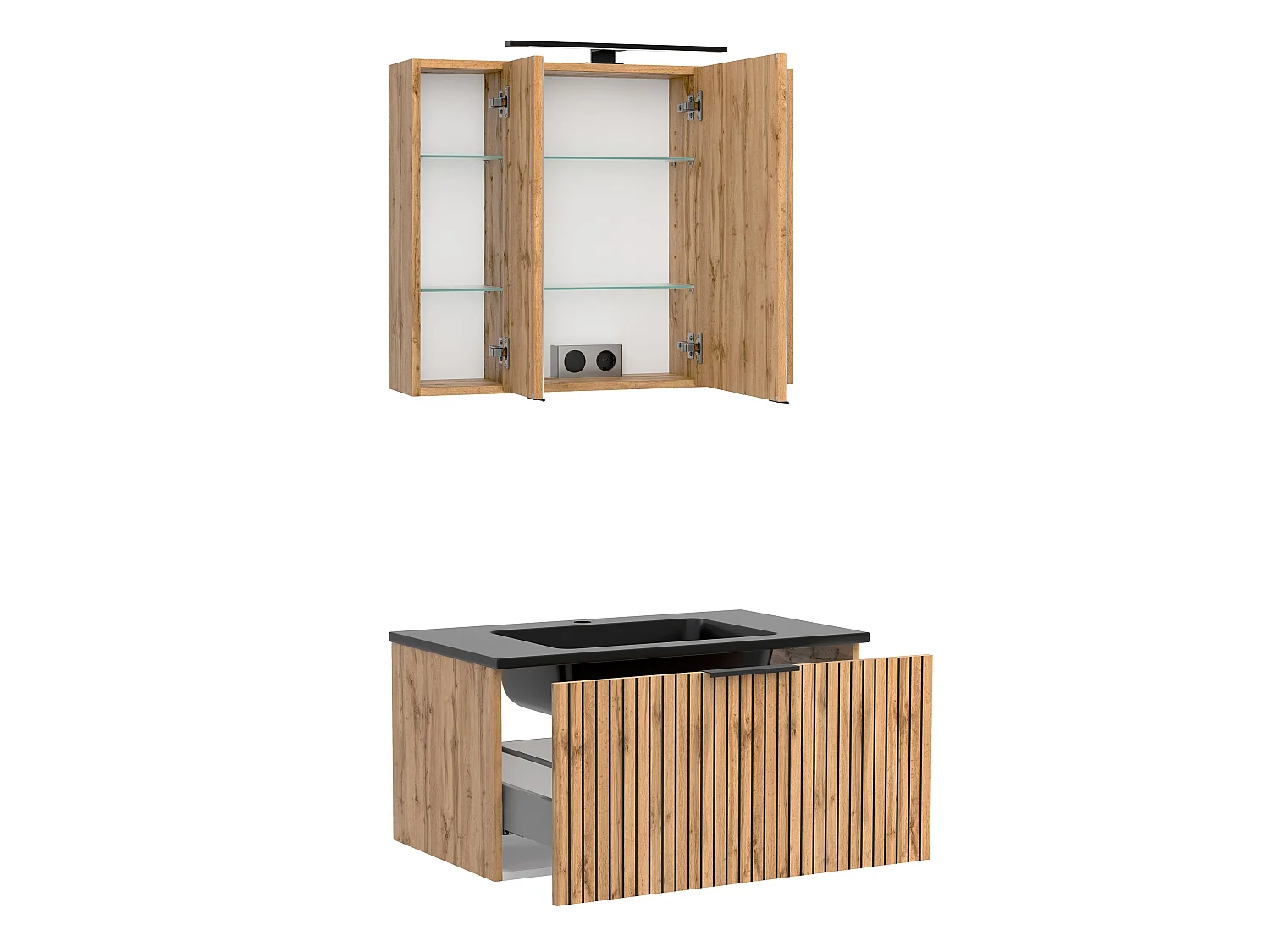 Held Möbel Ensemble de meuble-lavabo 2 pièces Liverpool chêne Wotan / noir rayé L/H/P 80 x 200 x 47 cm