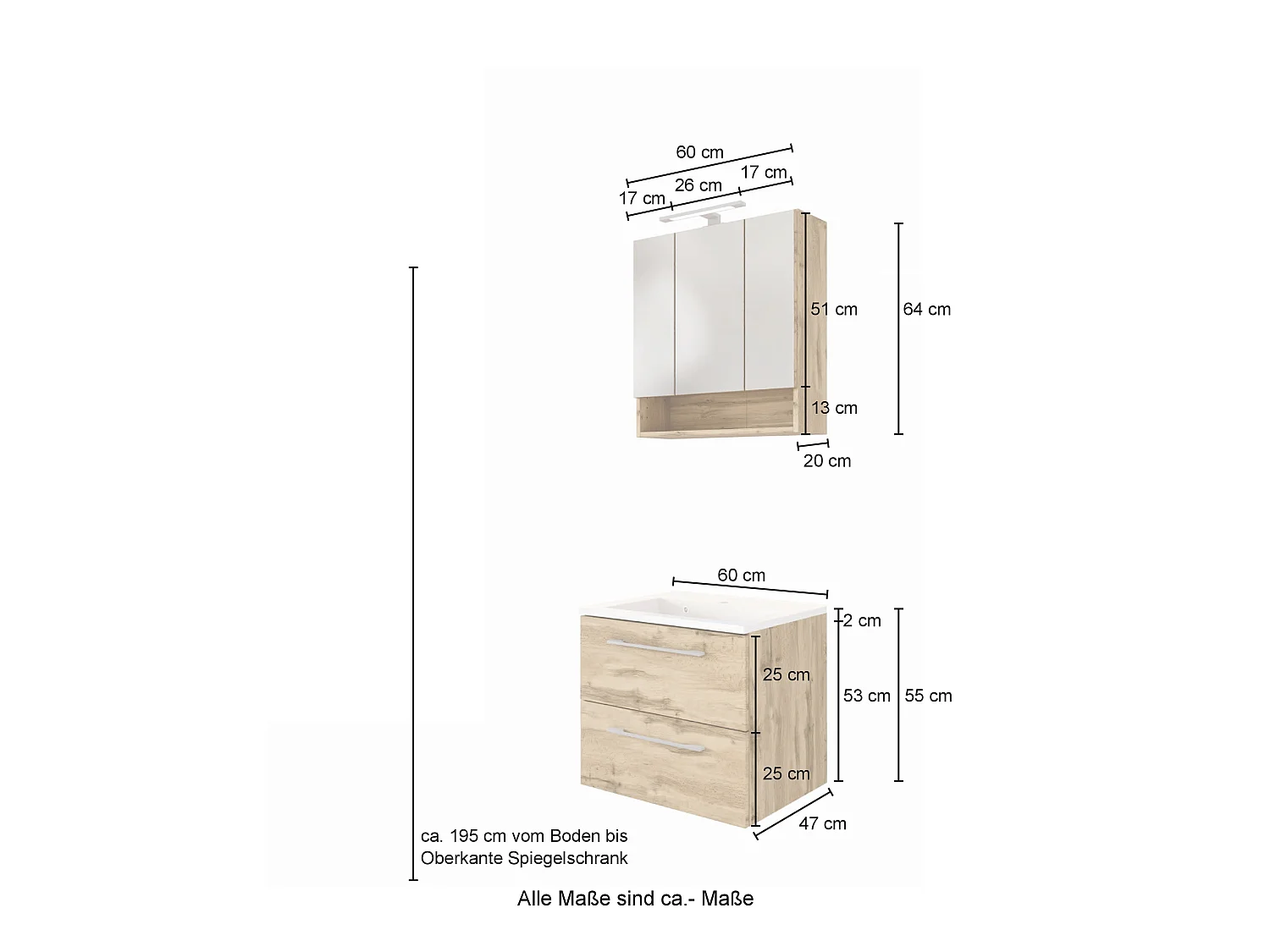 Held Möbel Ensemble de meuble-lavabo Livorno L/H/P 60 x 200 x 47 cm