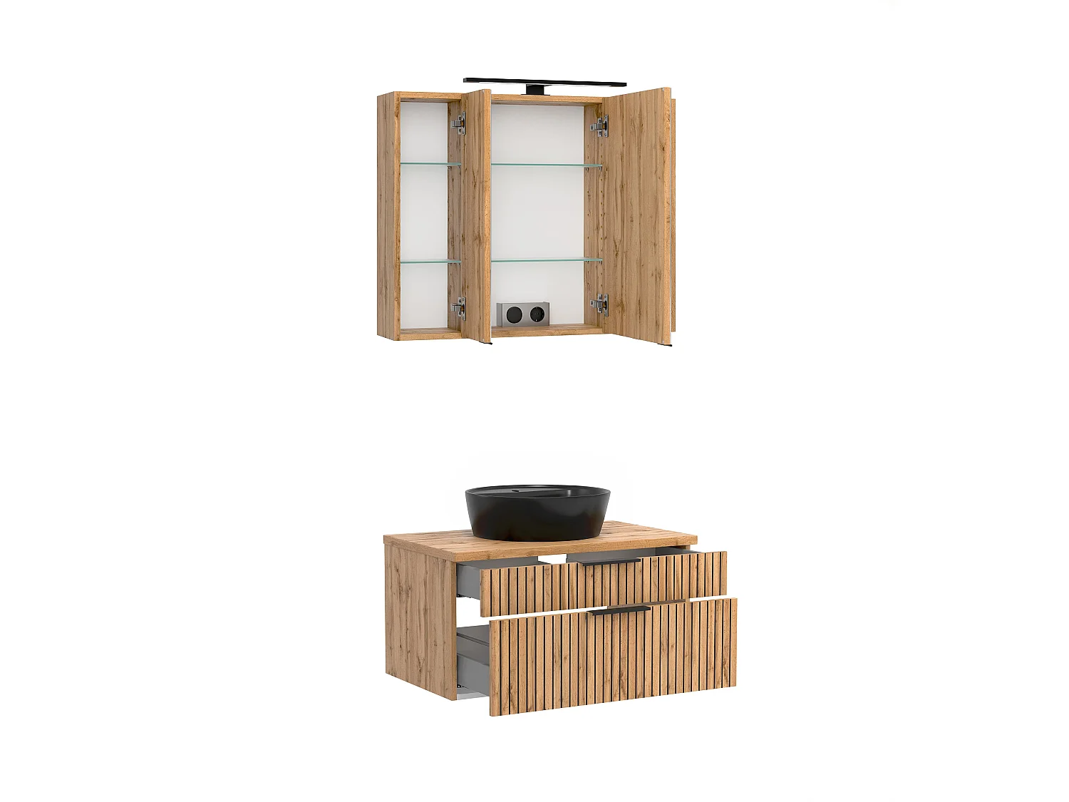 Held Möbel Ensemble de meuble-lavabo 2 pièces Liverpool chêne Wotan / noir rayé L/H/P 80 x 200 x 47 cm