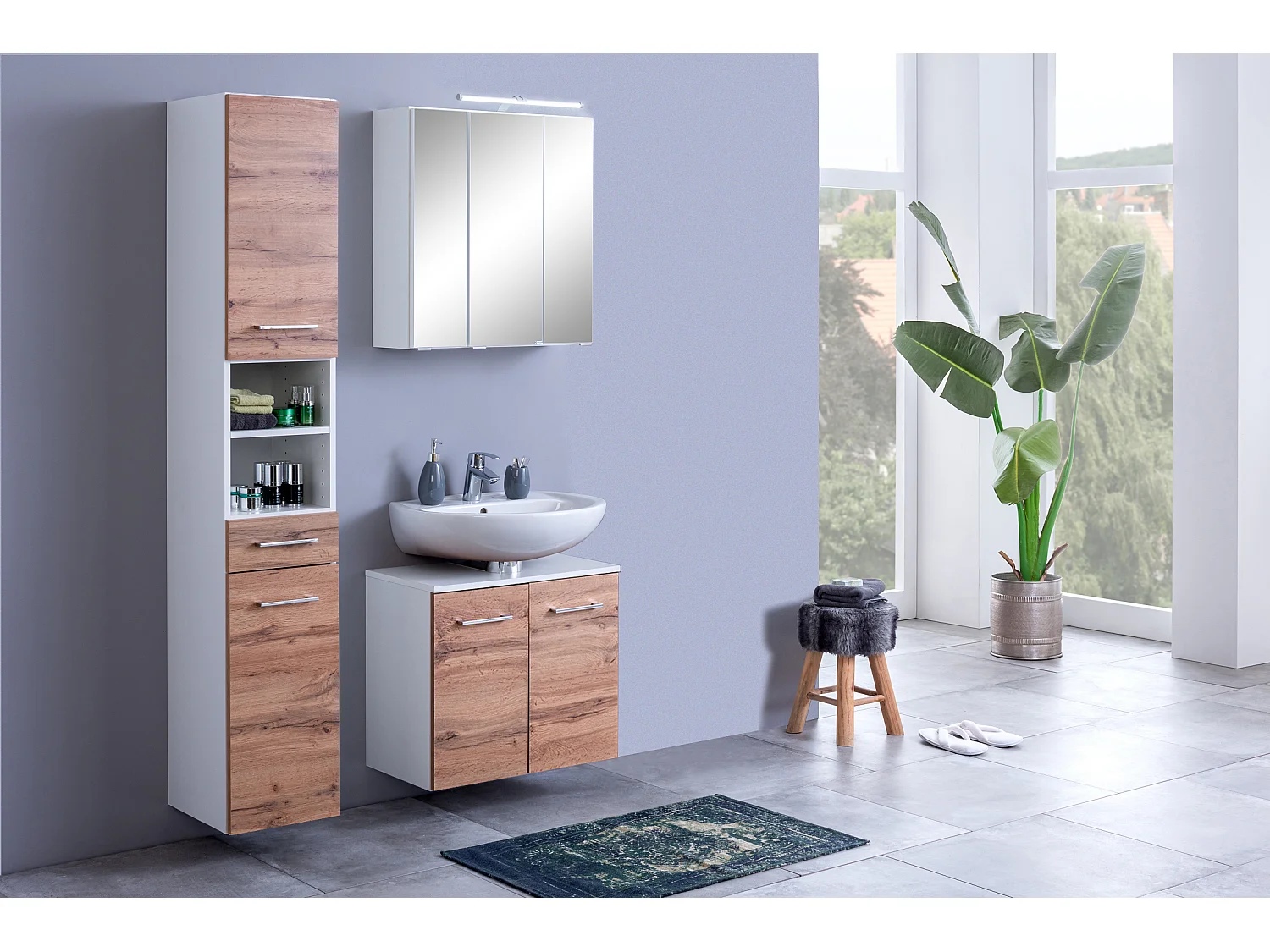 Held Möbel Ensemble de meuble-lavabo à vasque suspendue 3 pièces Paris chêne Wotan / blanc L/H/P 90 x 200 x 35 cm