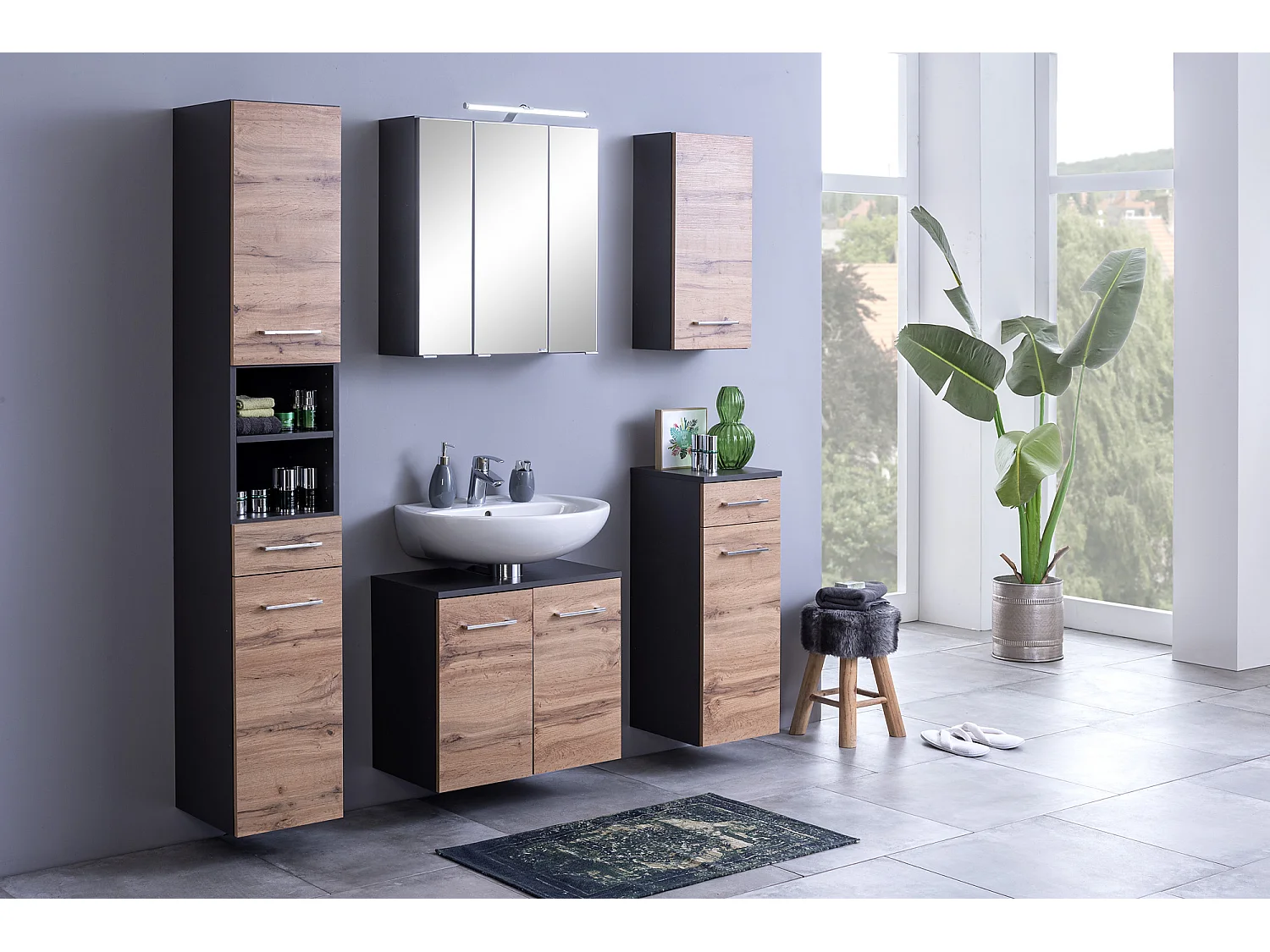 Held Möbel Ensemble de meuble-lavabo 5 pièces Paris chêne Wotan / gris graphite L/H/P 120 x 200 x 35 cm