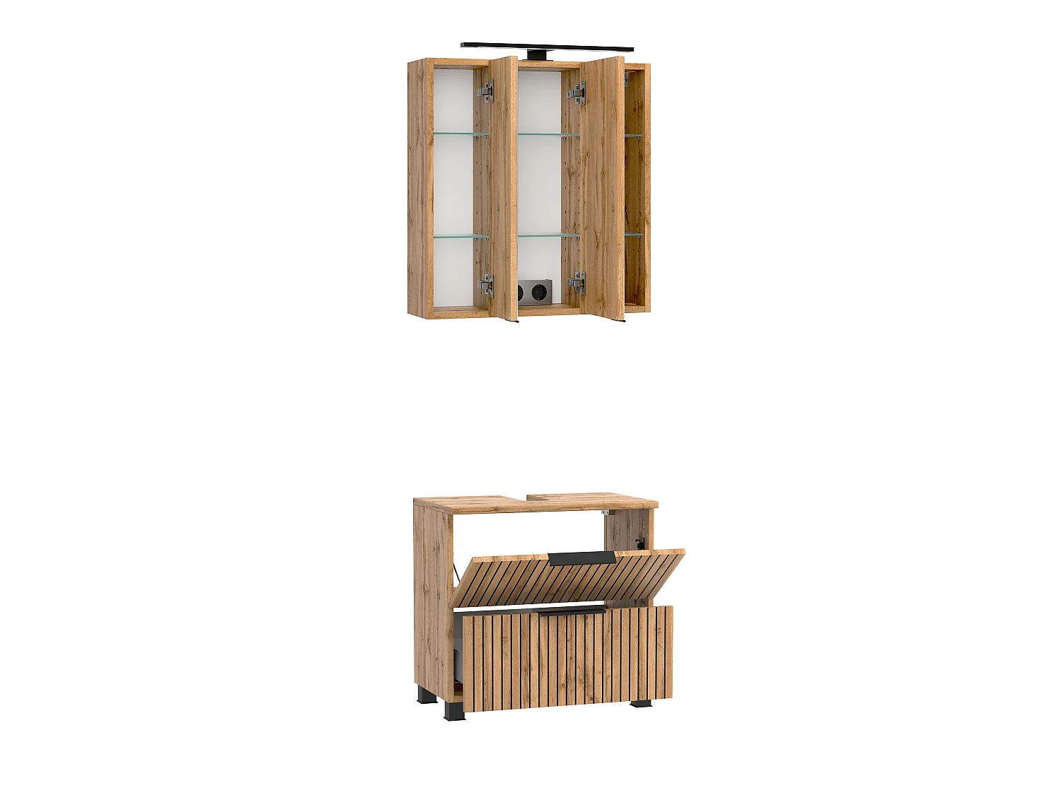 Held Möbel Ensemble de meuble-lavabo encastré 2 pièces Liverpool chêne Wotan / noir rayé L/H/P 60 x 200 x 35 cm