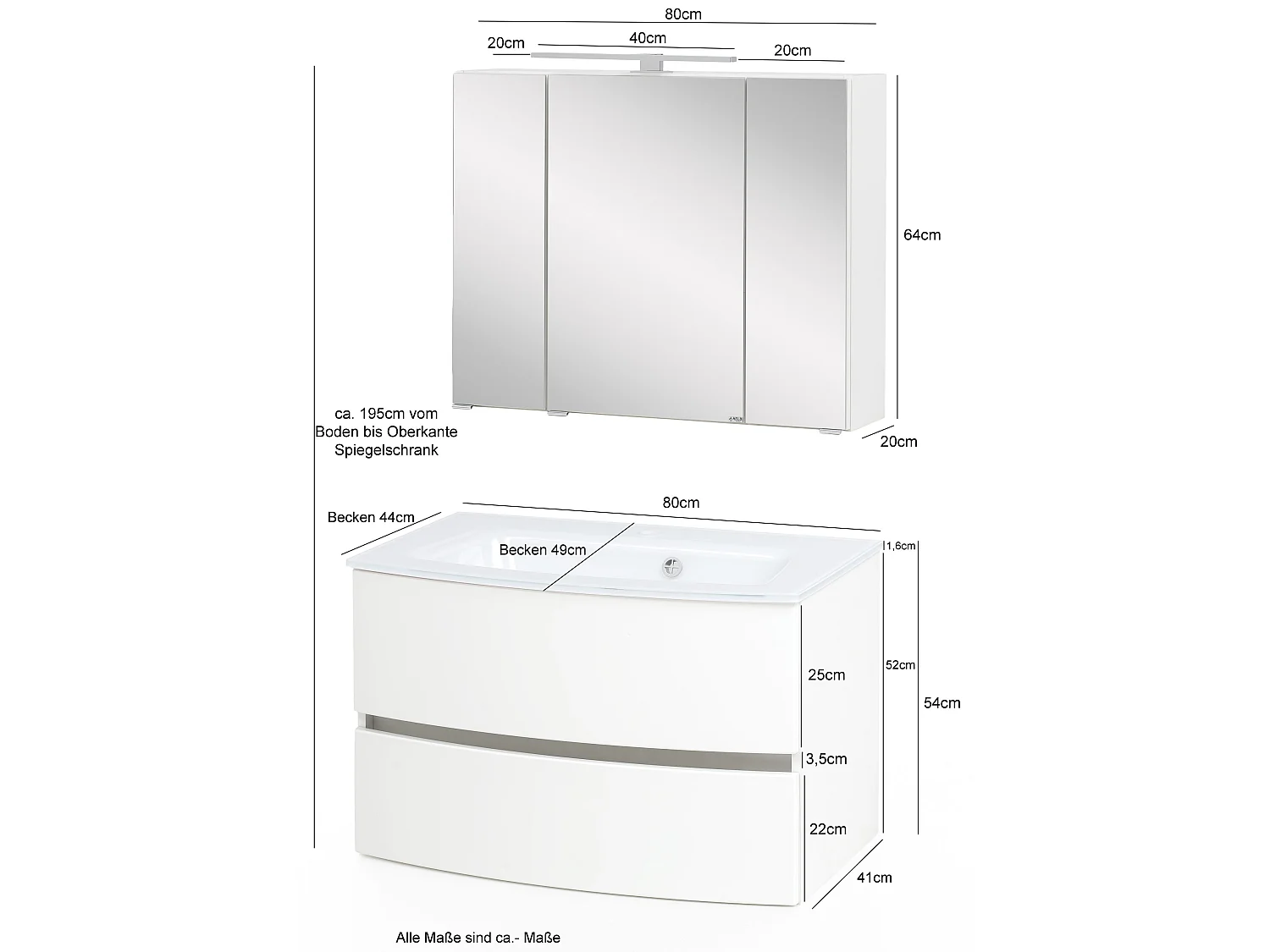 Held Möbel Ensemble de meuble-lavabo Kopenhagen verre blanc L/H/P 80 x 200 x 49 cm